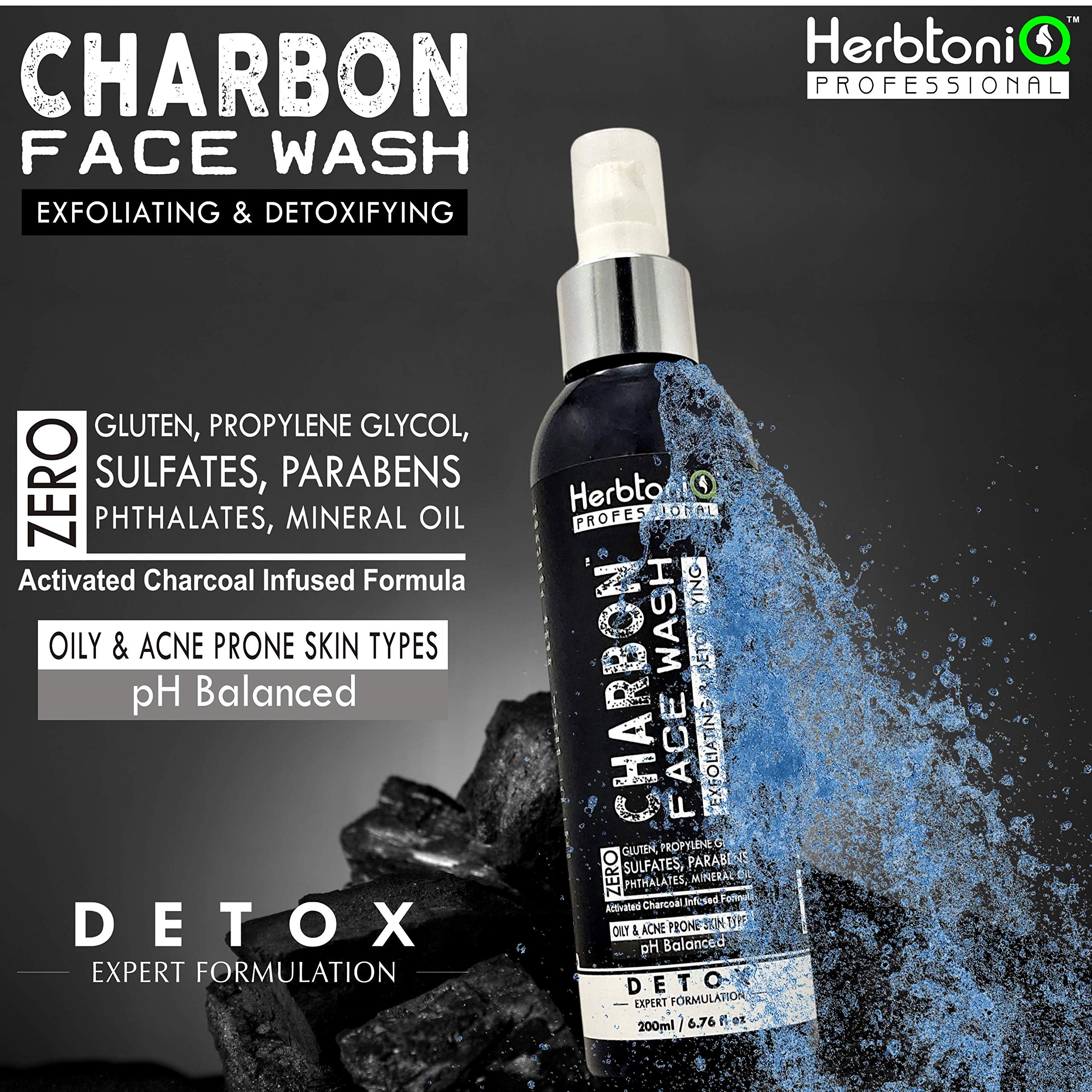 HerbtoniQ Professional Charcoal Face Wash - Deep Cleansing, Exfoliating & Detoxifying for Oily & Acne-Prone Skin | 200ml | Blackhead Remover & Pore Minimizer | Perfect for Daily Skincare Routine & Acne Treatment