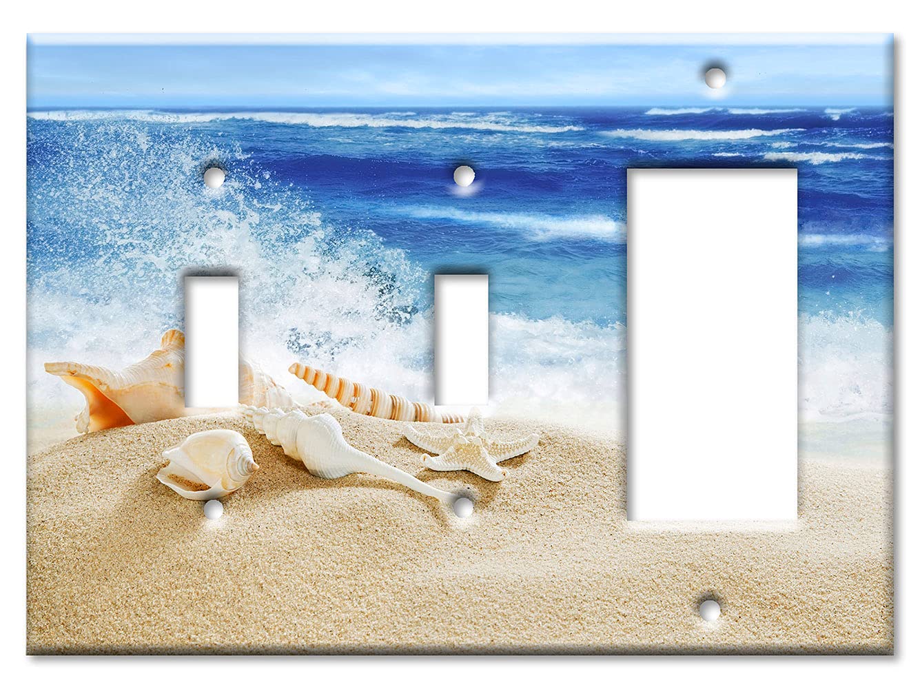 3-Gang Combination Switch Plate Cover - Toggle & Decora Style - Ocean Waves Beach Sea Shells Design - Made in USA | Perfect for Coastal Home Decor, Bathroom & Kitchen Wall Plates