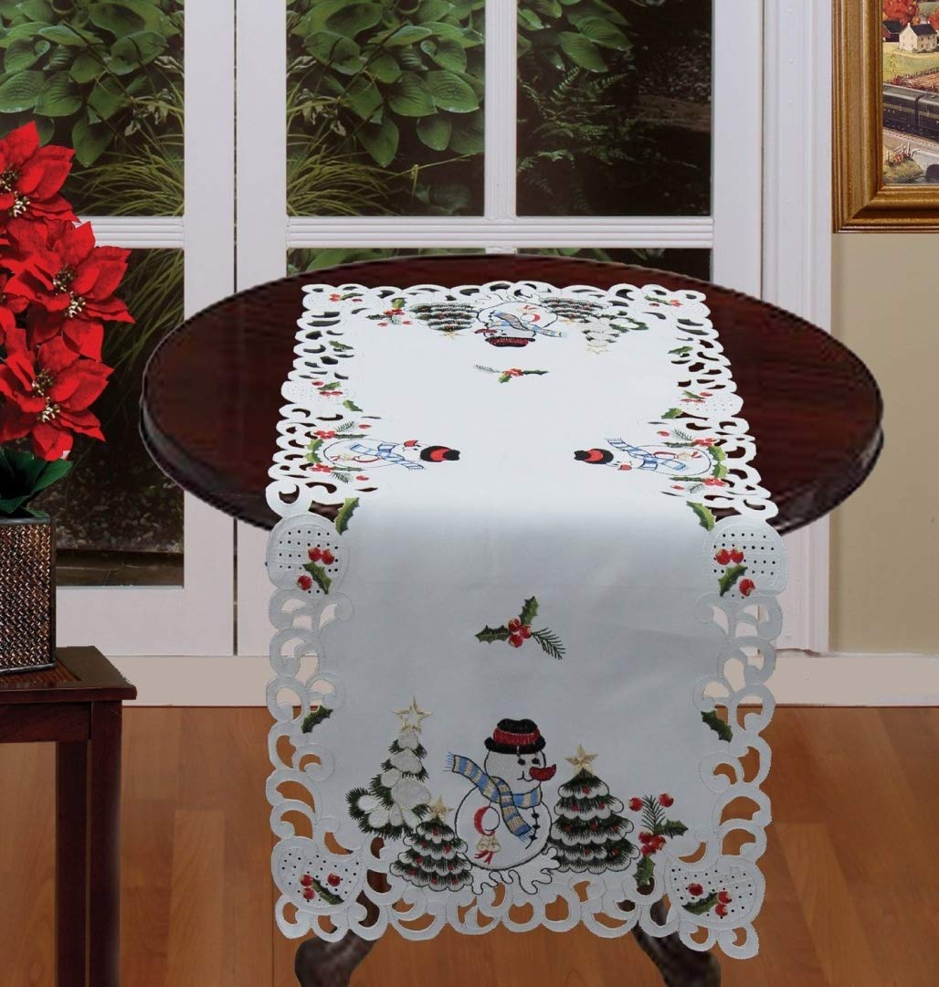 Holiday Embroidered Snowman and Christmas Tree Table Runner - 15x34 Inches White Linen Dresser Scarf for Christmas Dining Table Decor