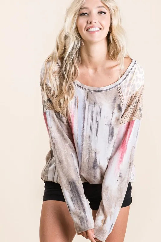 Trendy BiBi Tie Dye Knit Top with Print Block Shoulder - Women's Fashion Casual Blouse for Summer Outfits & Boho Style