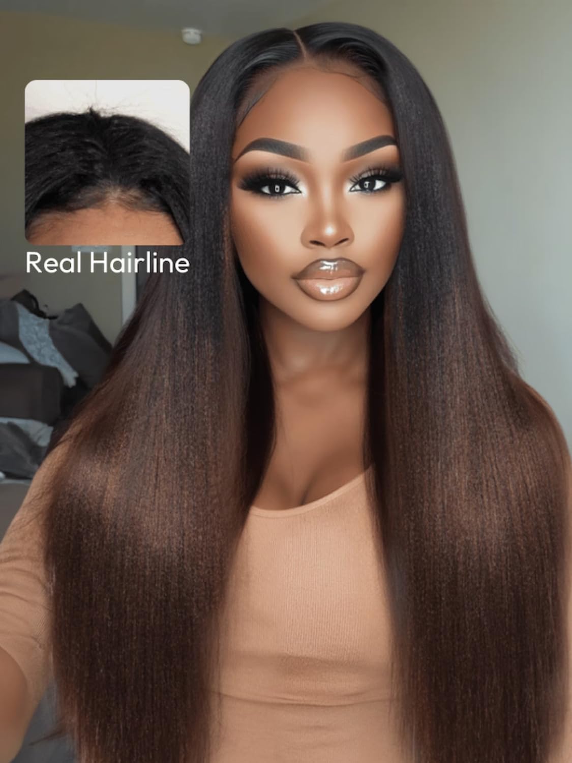 UNICE EasiContour V Part Wigs Human Hair Yaki Straight Glueless Wigs - No Sew in No Glue Ombre Chestnut Brown Clip-in V Part Wig (24 inch) | Beginner Friendly Upgrade U Part Human Hair Wig for Daily Wear, Parties & Special Occasions