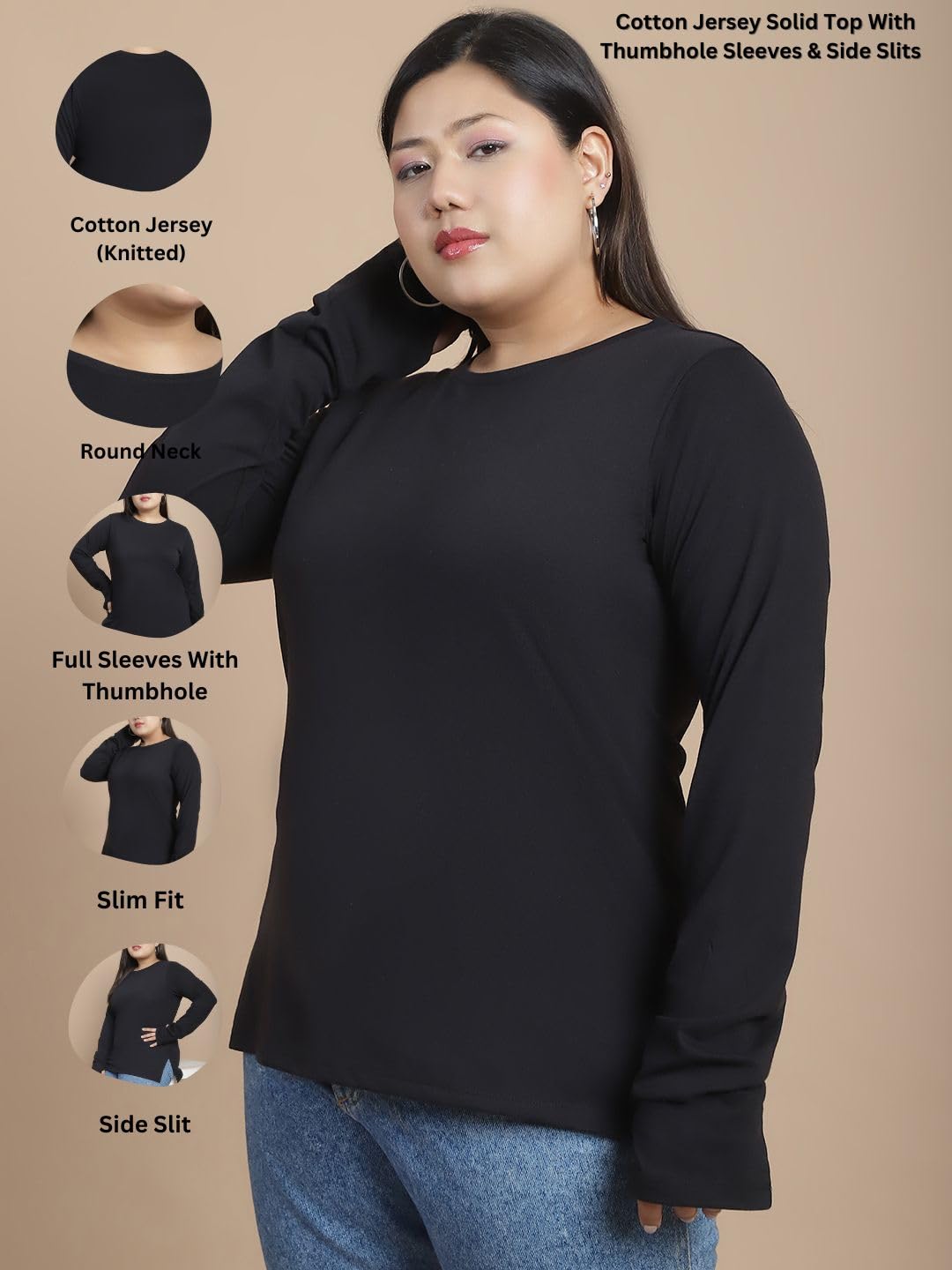 Rigo Women's Plus Size Thumbhole T-Shirt - Slim Fit Round Neck Tee with Side Slits | Western Style Gym & Workout Top | Perfect for Yoga, Running & Casual Wear