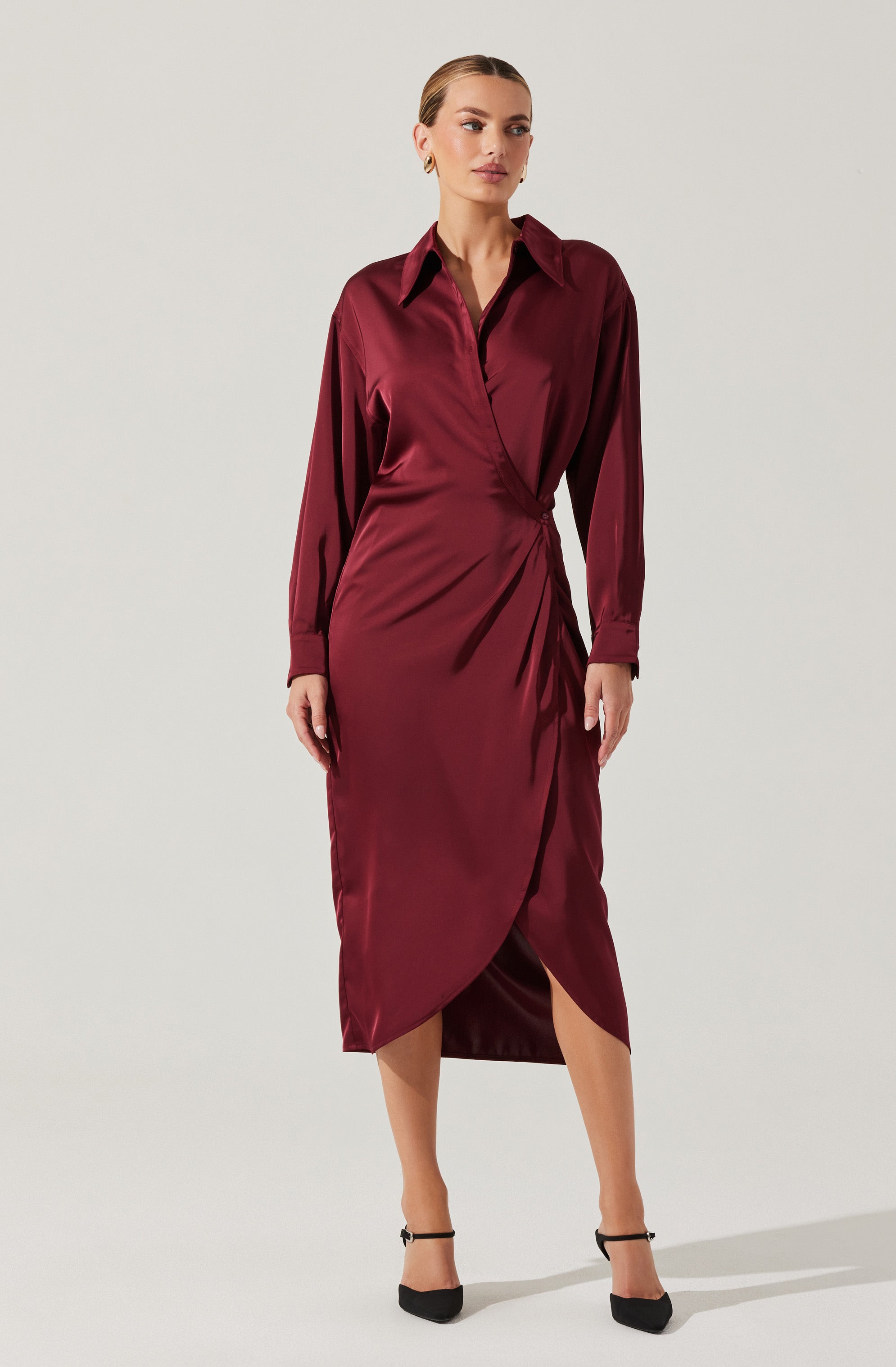 Elegant Ira Satin Wrap Shirt Dress for Women - Stylish Button Down Midi Dress with Belt - Perfect for Office, Date Night & Special Occasions