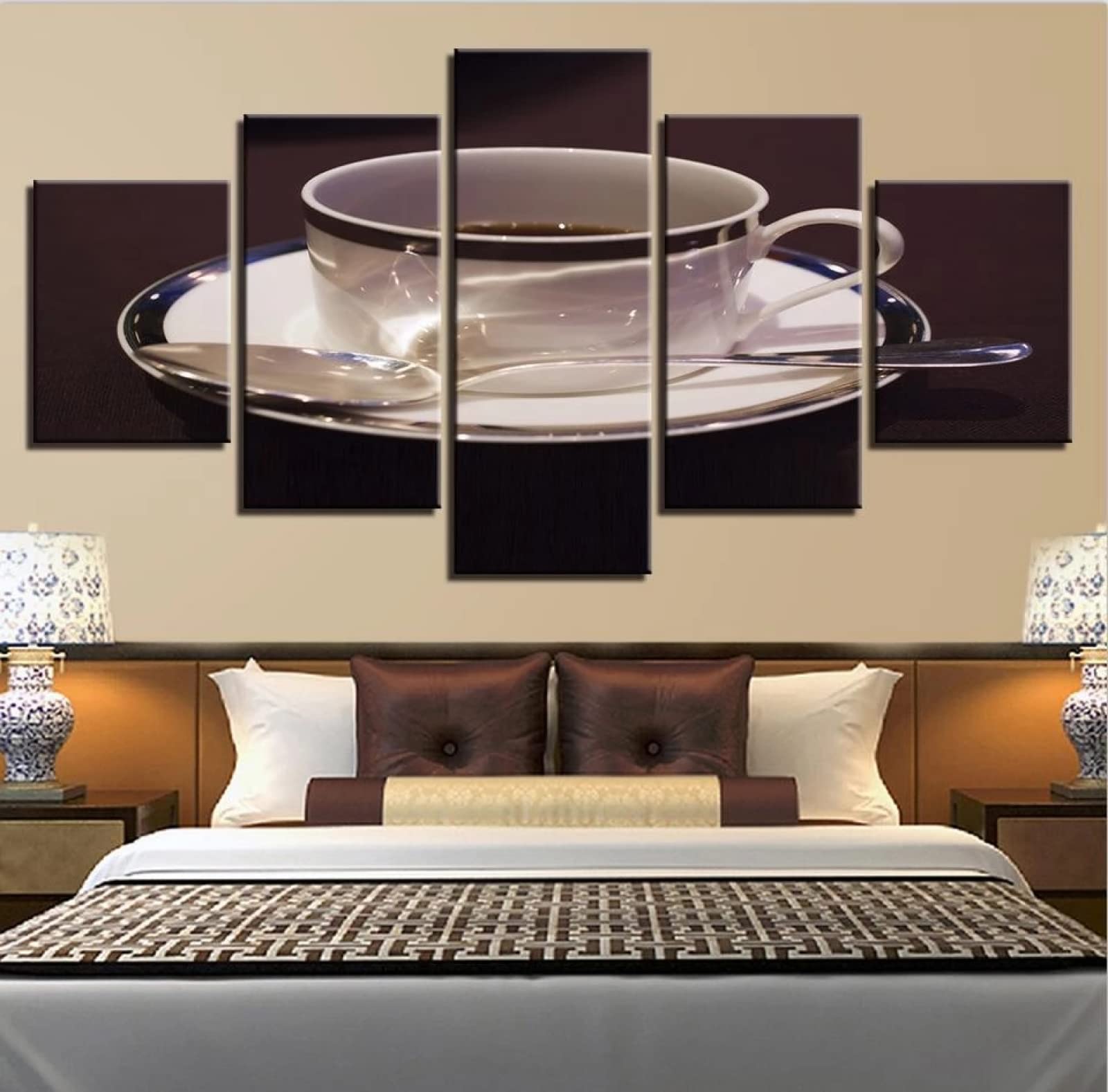 5-Piece Canvas Wall Art Set - Framed Coffee Cup & Spoon Painting for Living Room & Bedroom Decor - Stretched Wooden Frame Ready to Hang - Perfect for Home, Office & Cafe Wall Decoration