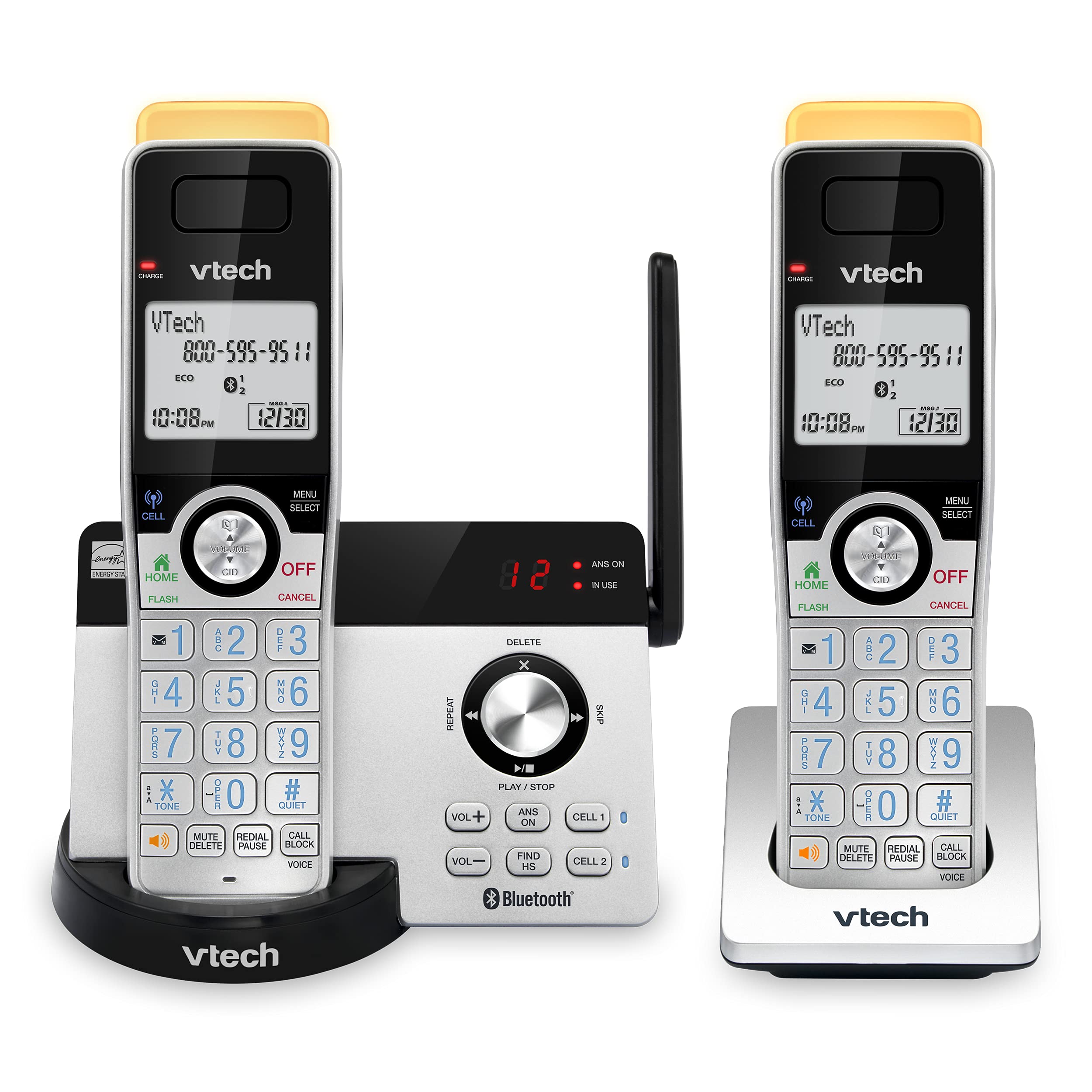 Vtech IS8121-2 Expandable Cordless Phone with 2 Handsets - Super Long Range, Bluetooth Connectivity, Smart Call Blocker & Digital Answering System (Silver/Black) - Perfect for Home Office & Large Houses