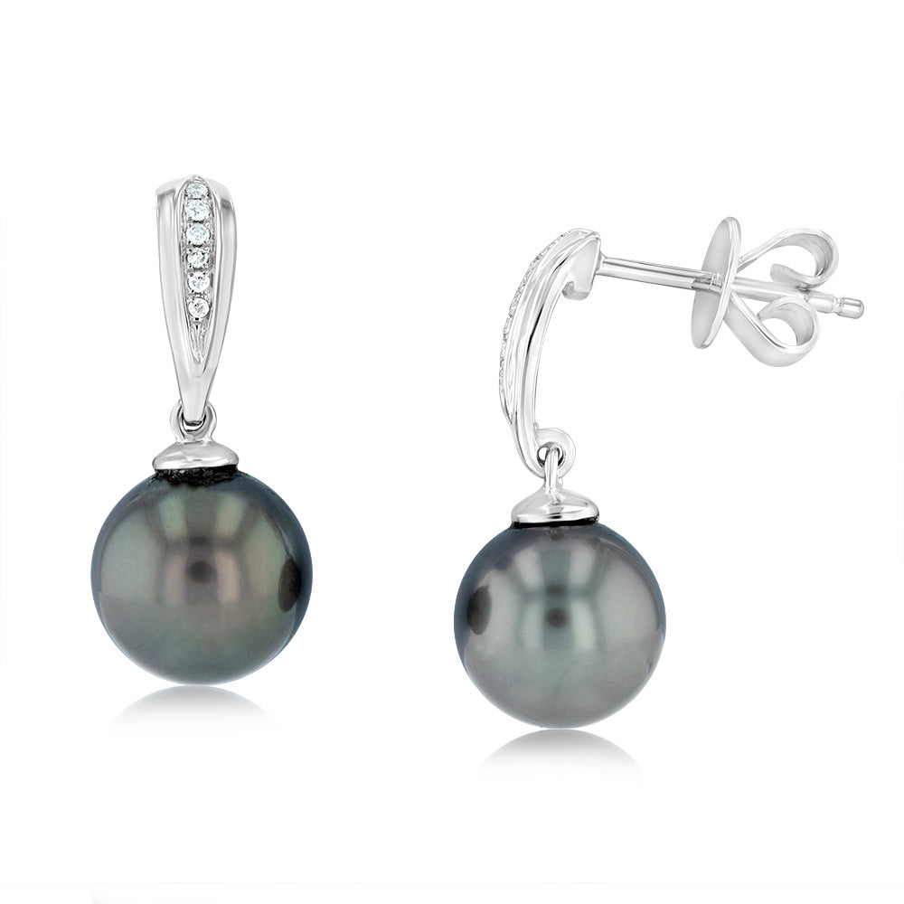 9ct White Gold Tahitian Pearl & Diamond Drop Earrings – Elegant Dangle Earrings for Women, Perfect for Weddings, Parties & Special Occasions