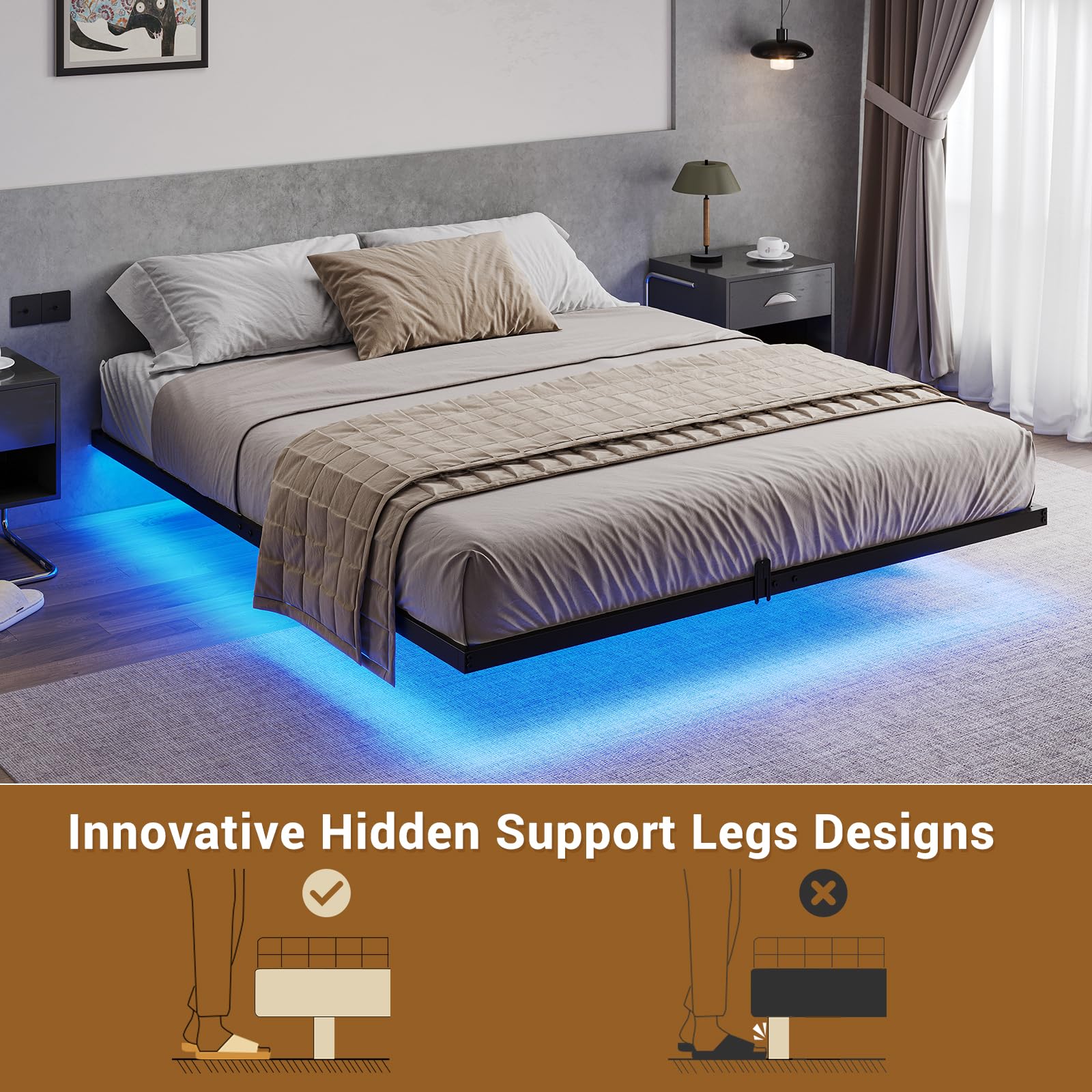 Hasuit Full Size Floating Bed Frame with LED Lights - Metal Platform Bed, No Box Spring Required, Easy Assembly - Perfect for Modern Bedrooms, Guest Rooms & Dorm Decor