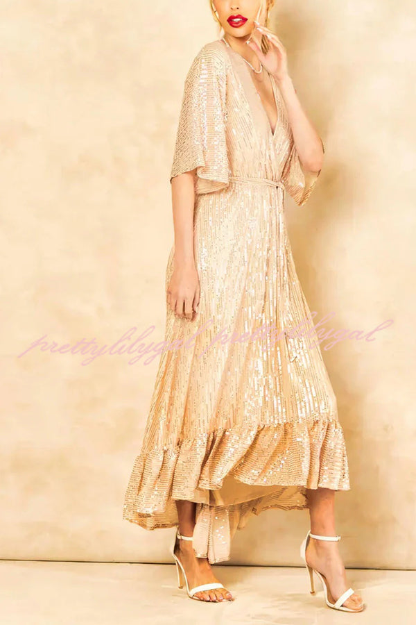 Elegant Solid Color Sequined V-Neck Waist Tie Loose Maxi Dress for Women - Perfect for Evening Parties, Weddings & Special Occasions