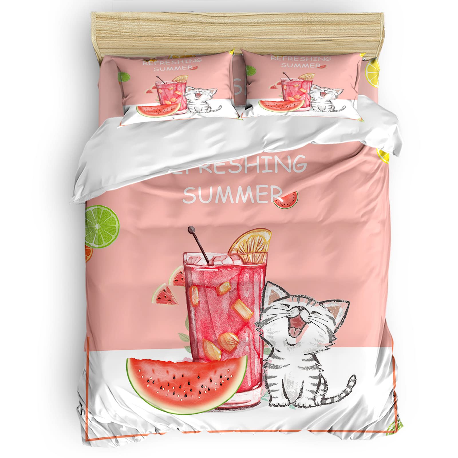 Laibao King Size Duvet Cover Set - Summer Watermelon & Cute Cat Cartoon Design, Soft Breathable Bedding (4-Piece Set with 2 Pillowcases & 1 Flat Sheet) - Perfect for Kids' Rooms, Dorm Decor, and Cozy Bedroom Makeovers