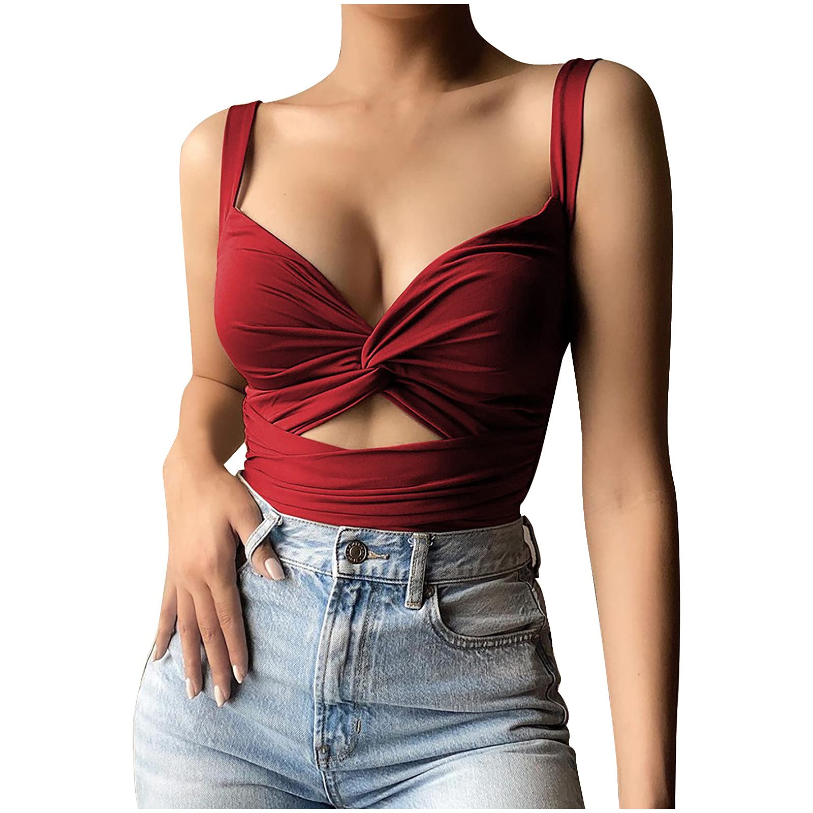 Sexy Black Low Cut Sleeveless Tank Top for Women - Y2K Twist Knot Front T-Shirt | Summer Clubwear & Date Night Outfit | Perfect for Parties, Beach Vacations & Casual Wear