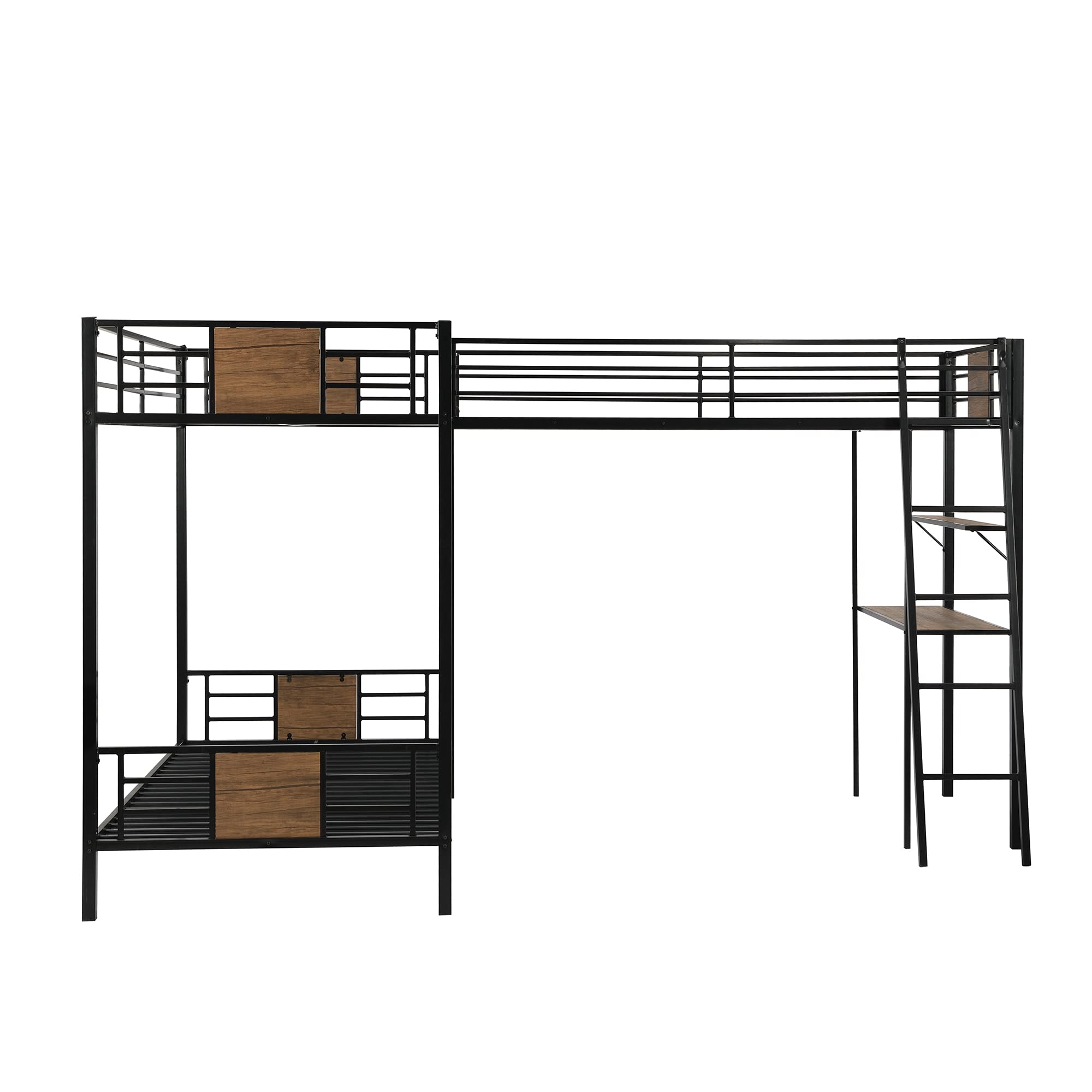 Harper & Bright Designs Metal Triple Bunk Bed with Desk - L-Shaped Twin Bunk Bed & High Loft Bed with Storage Shelves | Space-Saving 3-in-1 Bunk Bed for Kids & Teens (Boys & Girls) in Brown | Perfect for Small Bedrooms, Shared Kids Rooms & Vacation Homes