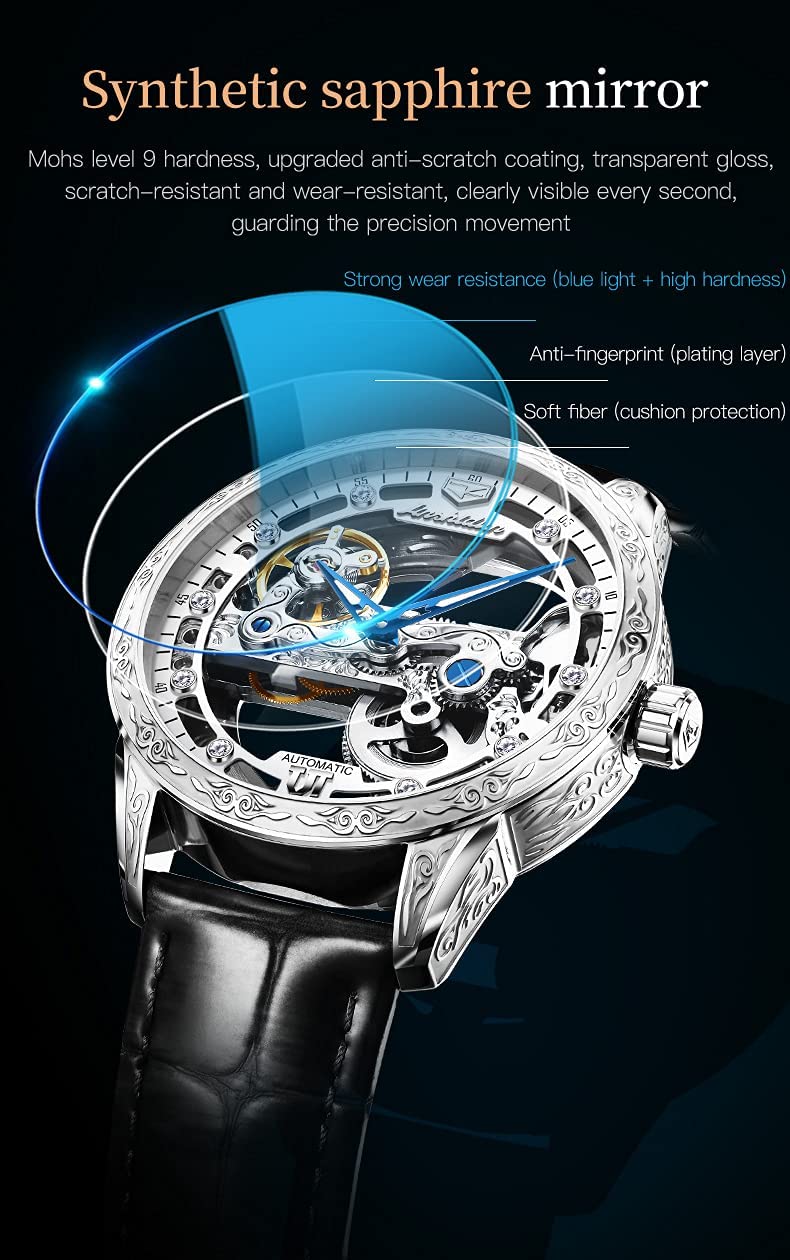 OLEVS Men's Skeleton Automatic Mechanical Watch - Self Winding, Waterproof, Luminous, Luxury Leather Strap Dress Watch for Business & Formal Occasions