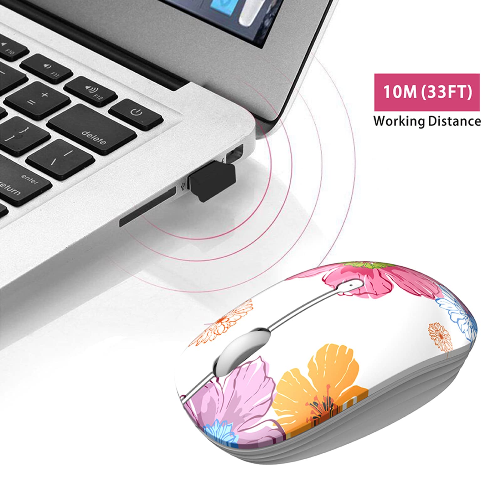 TENMOS M101 Wireless Mouse - Silent Cute 2.4G Optical USB Mouse with 1600 DPI for Laptop, Notebook, PC - Portable Travel Computer Mouse (Flower Design) - Perfect for Office, Home, Gaming & On-the-Go Use