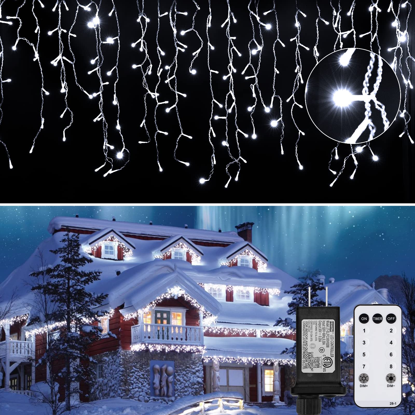306 LED Icicle Christmas Lights Outdoor 19.6FT - 8 Lighting Modes with Remote & Timer, Waterproof Fairy String Lights for Indoor Patio Tree House Decor (Pure White) - Perfect for Holiday Decorations, Winter Weddings, and Cozy Home Ambiance