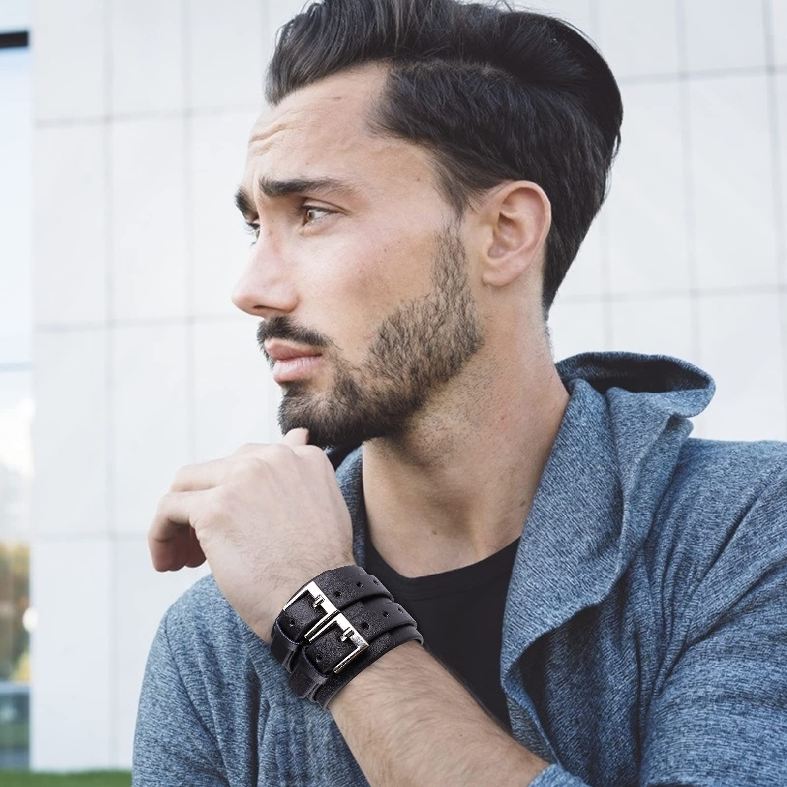Stylish Casoty Leather Bracelets for Men & Women - Punk Rock Cuff Bracelet with Adjustable Buckle - Perfect Gift for Boyfriend, Husband, Father - Ideal for Daily Wear, Parties & Rock Concerts