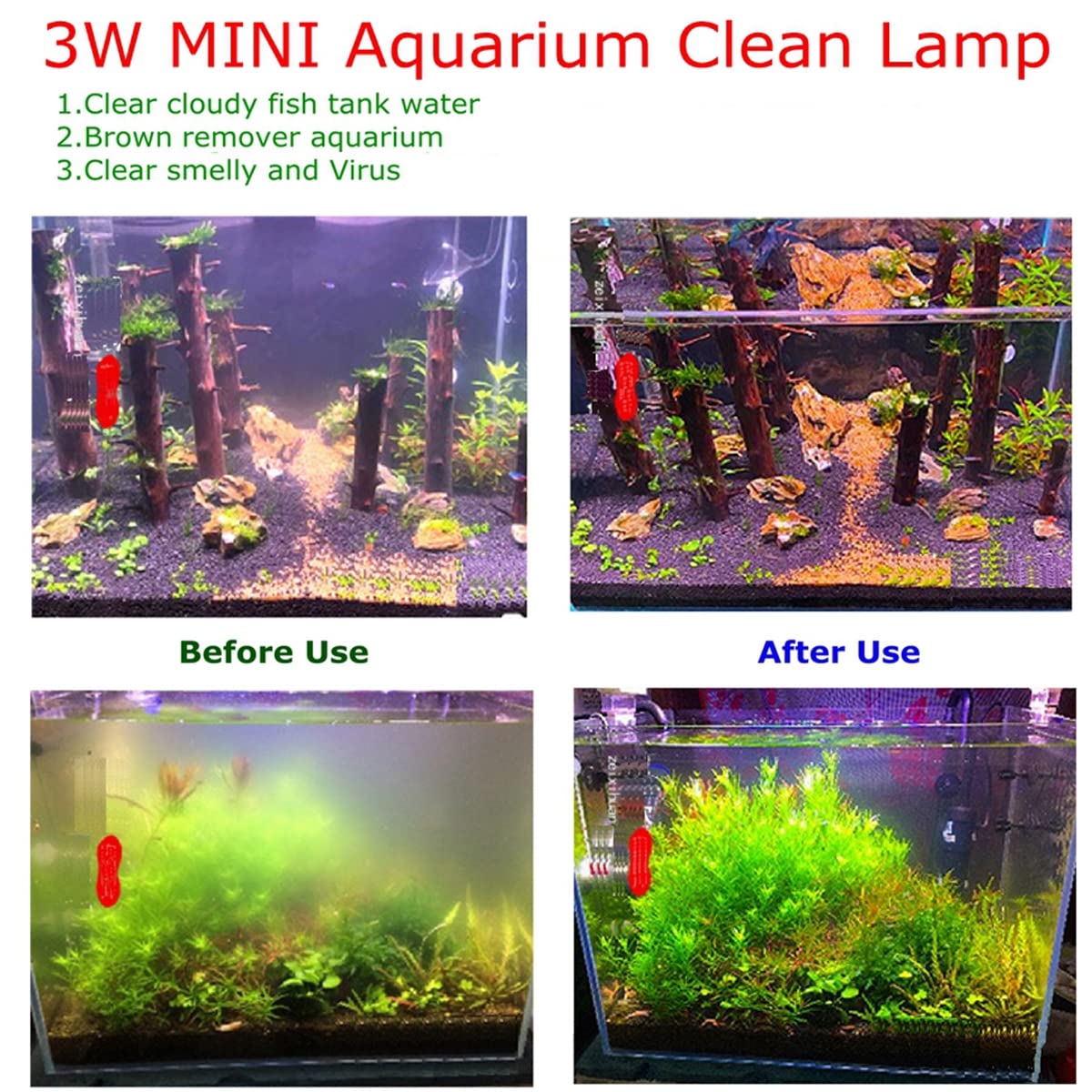 Hipargero Mini 3W Aquarium Cleaning Light with Timer - IP68 Waterproof LED Green Algae Cleaner for Fish Tanks | Perfect for Freshwater & Saltwater Aquariums, Planted Tanks & Nano Reefs
