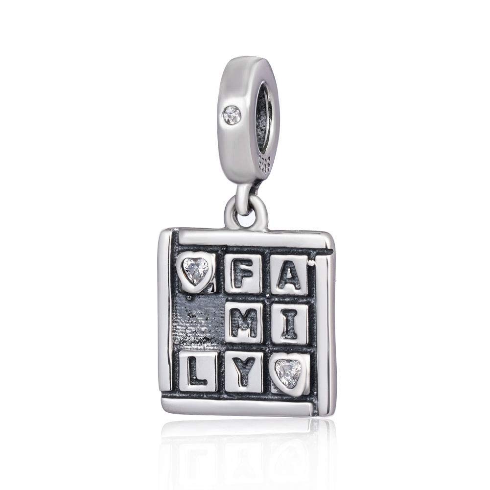 925 Sterling Silver Family Love Square Pendant Charm - Dangle Beads for European Charm Bracelets & Necklaces | Perfect for Gifts, Anniversaries, and Mother's Day