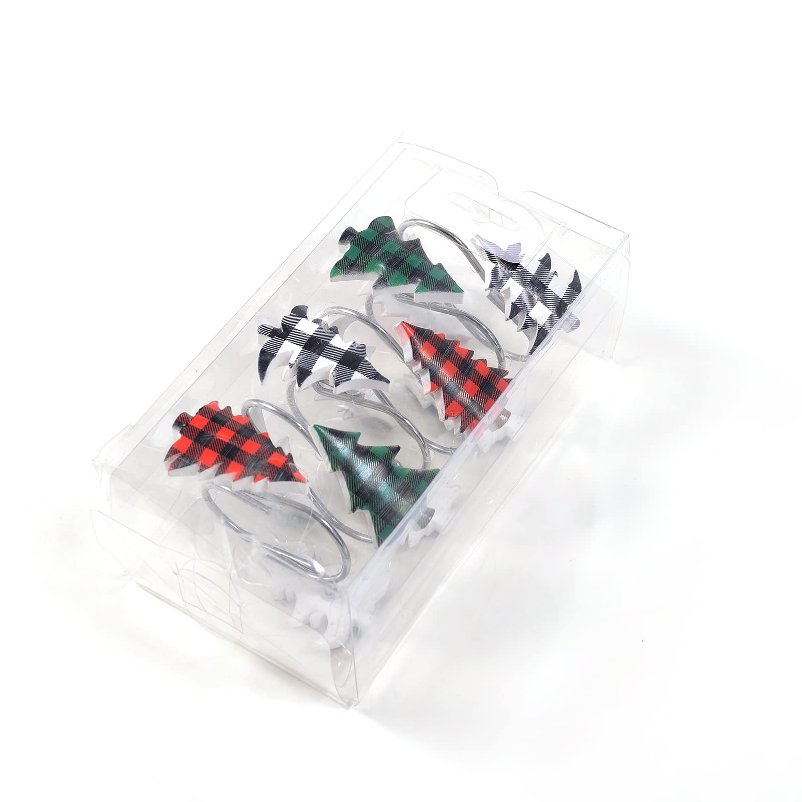 Estmy Buffalo Plaid Christmas Tree Shower Curtain Hooks - Set of 12 Rustproof Resin Hooks for Farmhouse Bathroom Decor, Xmas Theme Holiday Home Accessories - Perfect for Christmas Bathroom, Kitchen, and Farmhouse Decorations