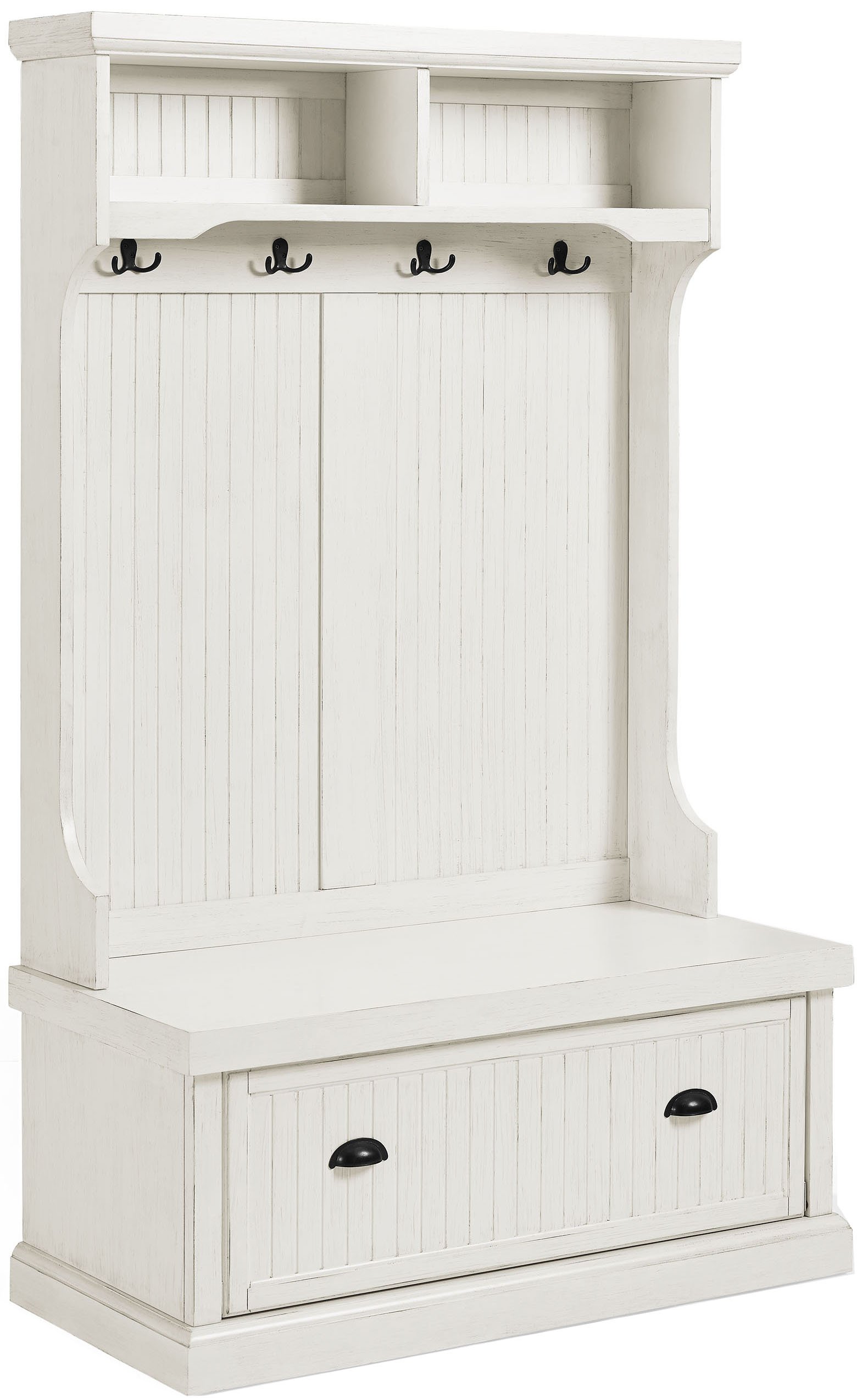 Crosley Furniture Seaside Hall Tree with Shoe Rack Bench & Coat Hooks - Entryway Storage Organizer in Distressed White - Perfect for Mudrooms, Foyers & Small Space Entry Organization