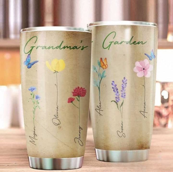 Grandma's Garden Stainless Steel Tumbler - 20oz Insulated Watercolor Floral Travel Mug, Personalized Engraved Gift for Nana, Mom on Birthday & Mother's Day - Keeps Drinks Hot/Cold 12+ Hours - Perfect for Gardening, Tea Time & Family Gatherings