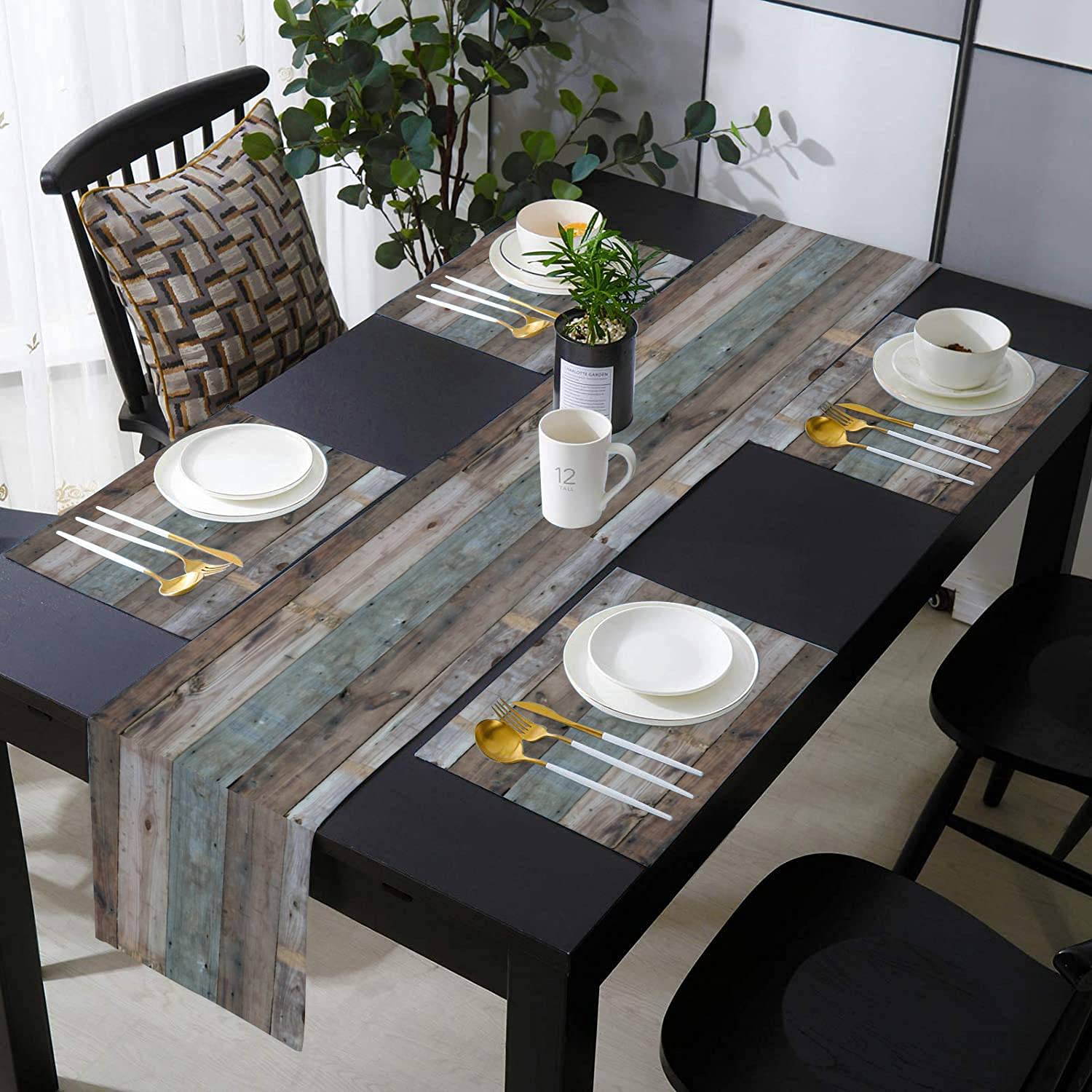 HGWAPONSATR Modern Art Table Runner and Placemats Set of 6 - Weathered Rustic Barnwood Design, Heat Resistant Kitchen Table Decor for Dining Room, Wedding, Holiday Parties & Home Decoration