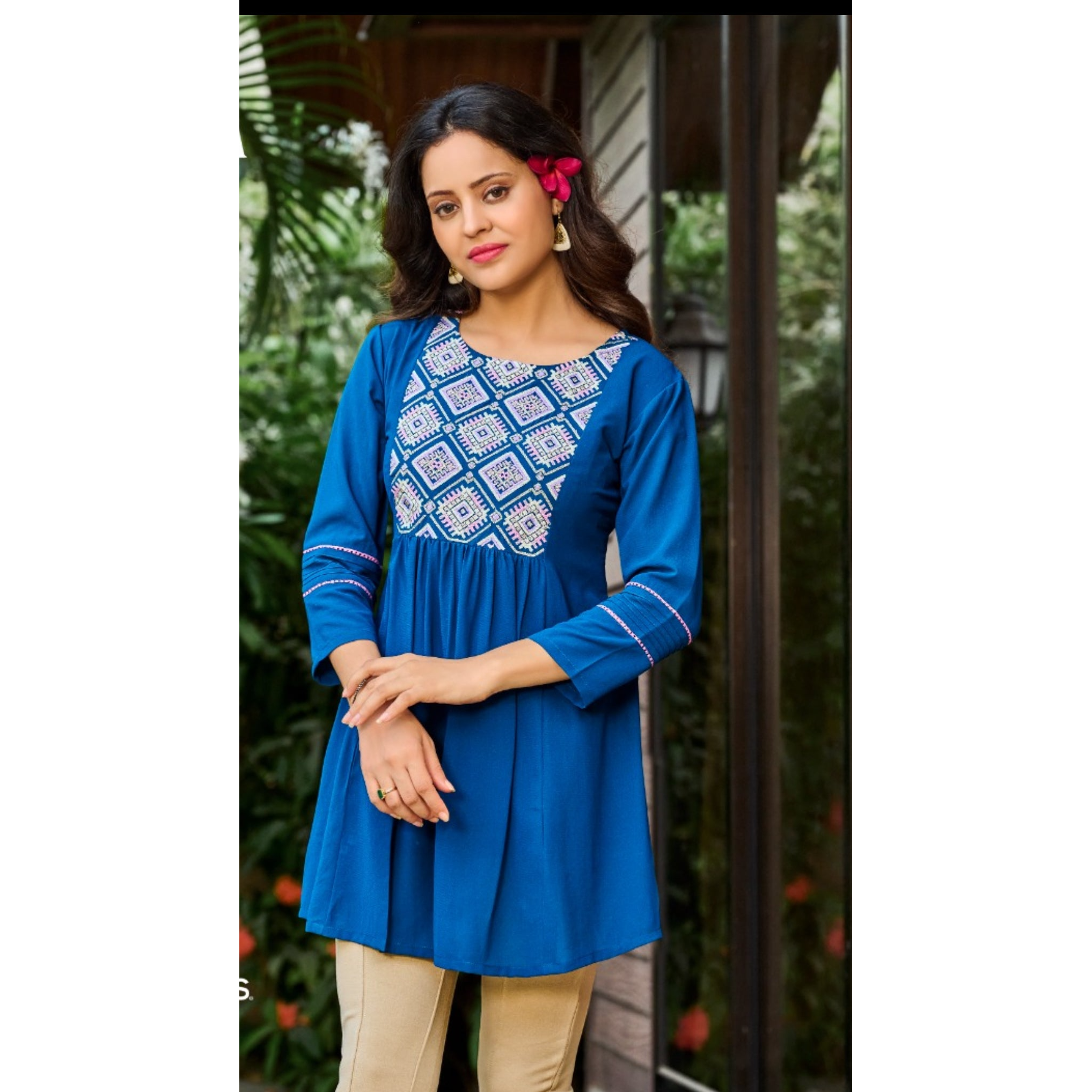 Stylish Blue Short Kurti with Elegant Embroidered Yolk - Perfect for Casual Wear, Festivals & Boho Fashion