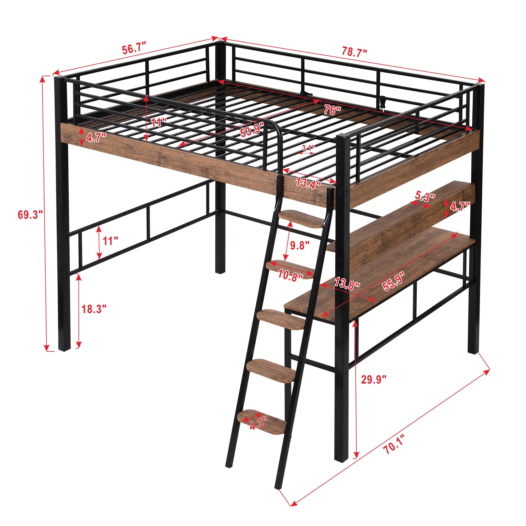 Full Size Loft Bed with Desk & Storage Shelf - Sturdy Metal Frame, Built-in Ladder & Safety Guardrail - Space-Saving Black Loft Bed for Kids & Teens - Perfect for Small Bedrooms, Dorms & Studio Apartments