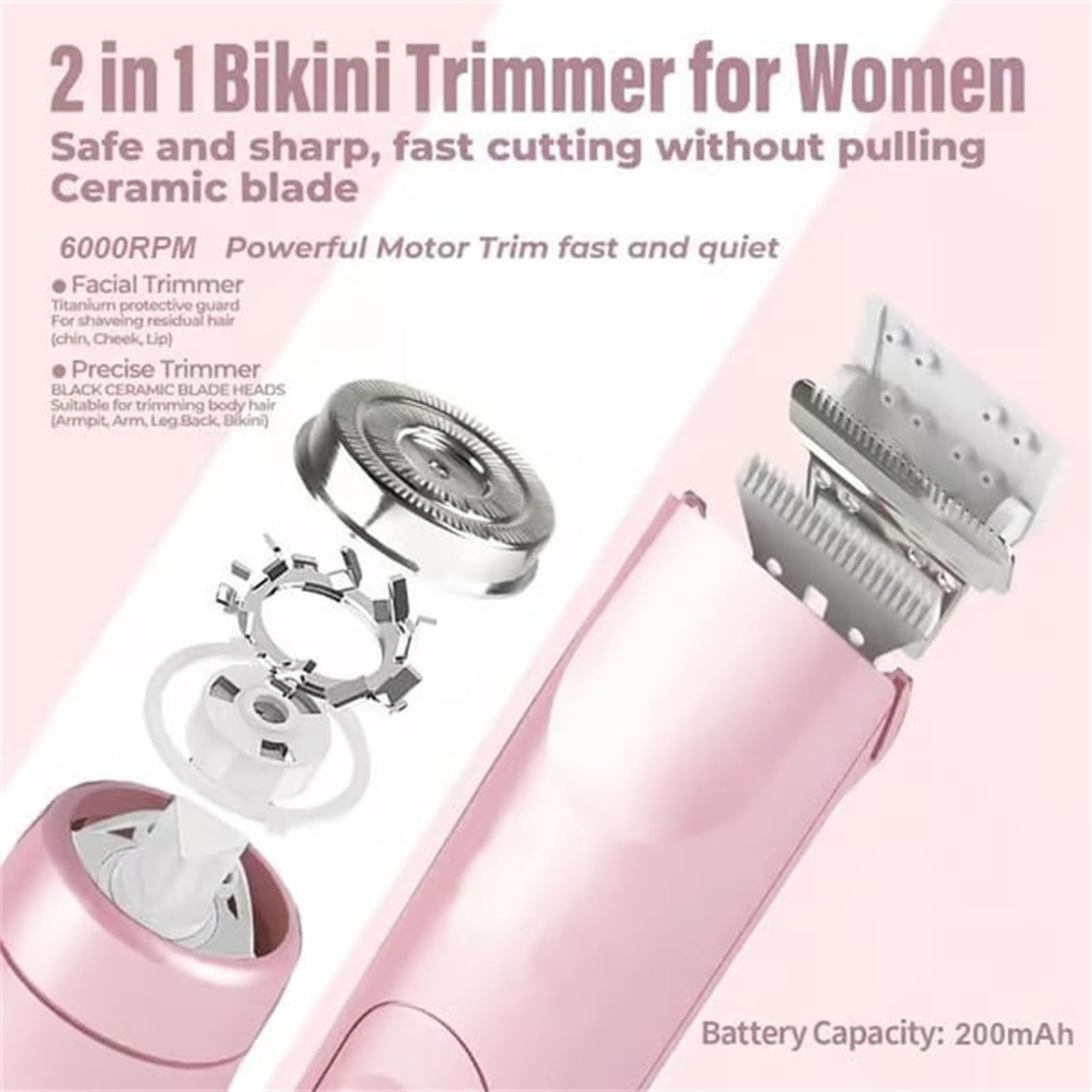 3-in-1 Electric Lady Shaver & Bikini Trimmer for Women - Waterproof Rechargeable Hair Removal Kit with Replaceable Face Shaver Heads (2 Blades) - Perfect for Travel, Gym & Sensitive Skin Care
