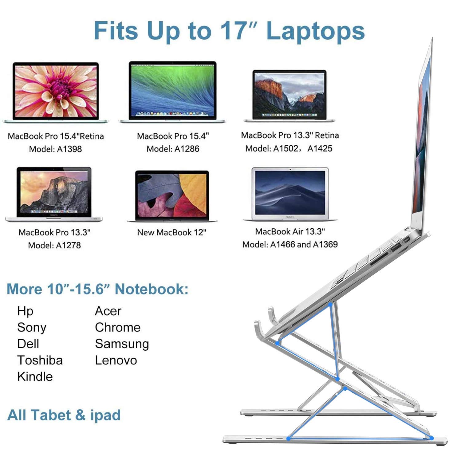 Premium Aluminum Laptop Stand for Desk - Ergonomic & Stable MacBook Pro Stand for 12-17 inch Laptops - Computer Riser with Cooling Function for MacBook Air/Pro, HP, Dell & More Notebooks (Light Silver) - Perfect for Home Office, Gaming & Workspace Setup