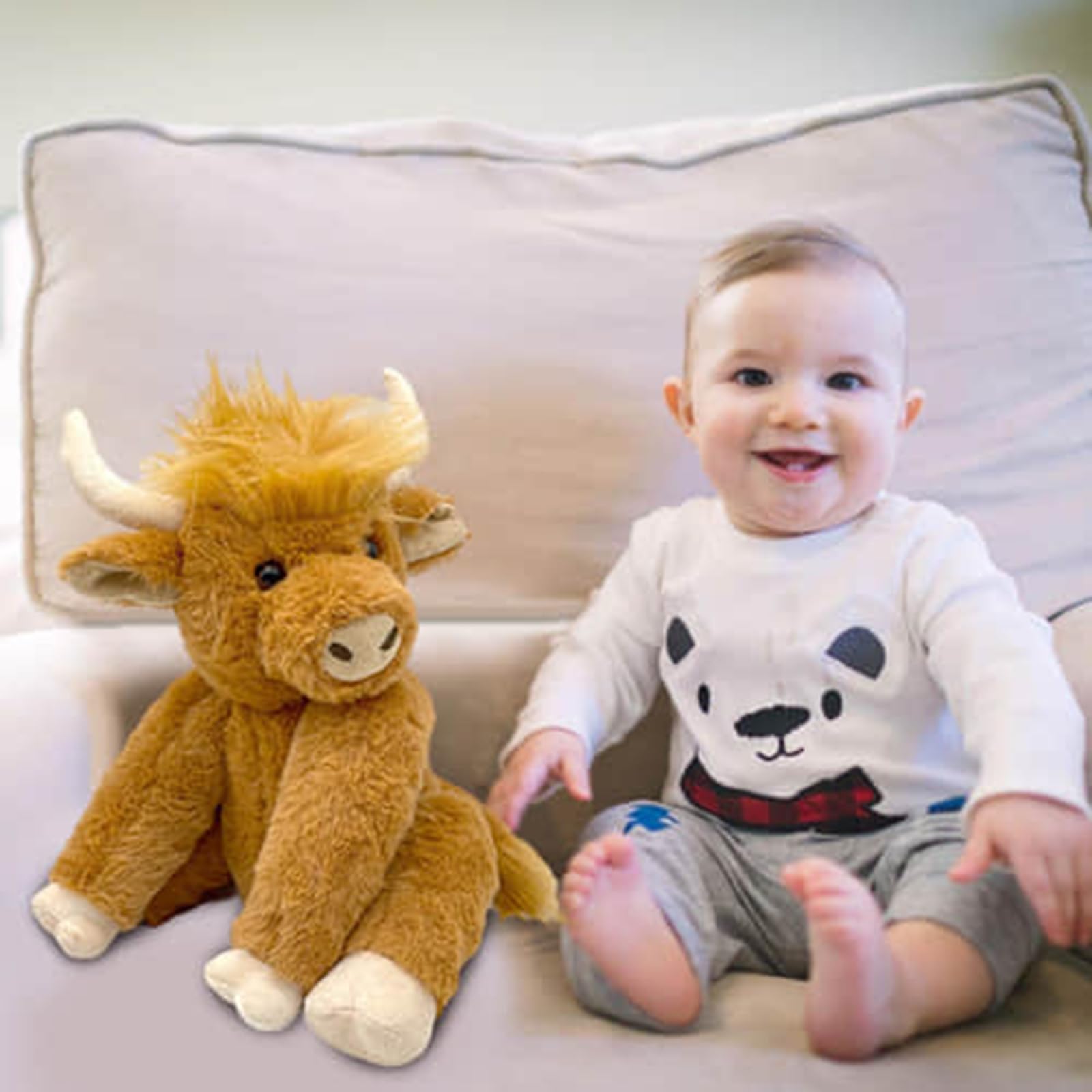 Theorbi Highland Cow Plush Toy with Music - Soft & Realistic Scottish Cow Stuffed Animal, Cute White Plushie Gift for Kids, Girls & Boys | Nursery Decor, Birthday Present, Cuddle Companion