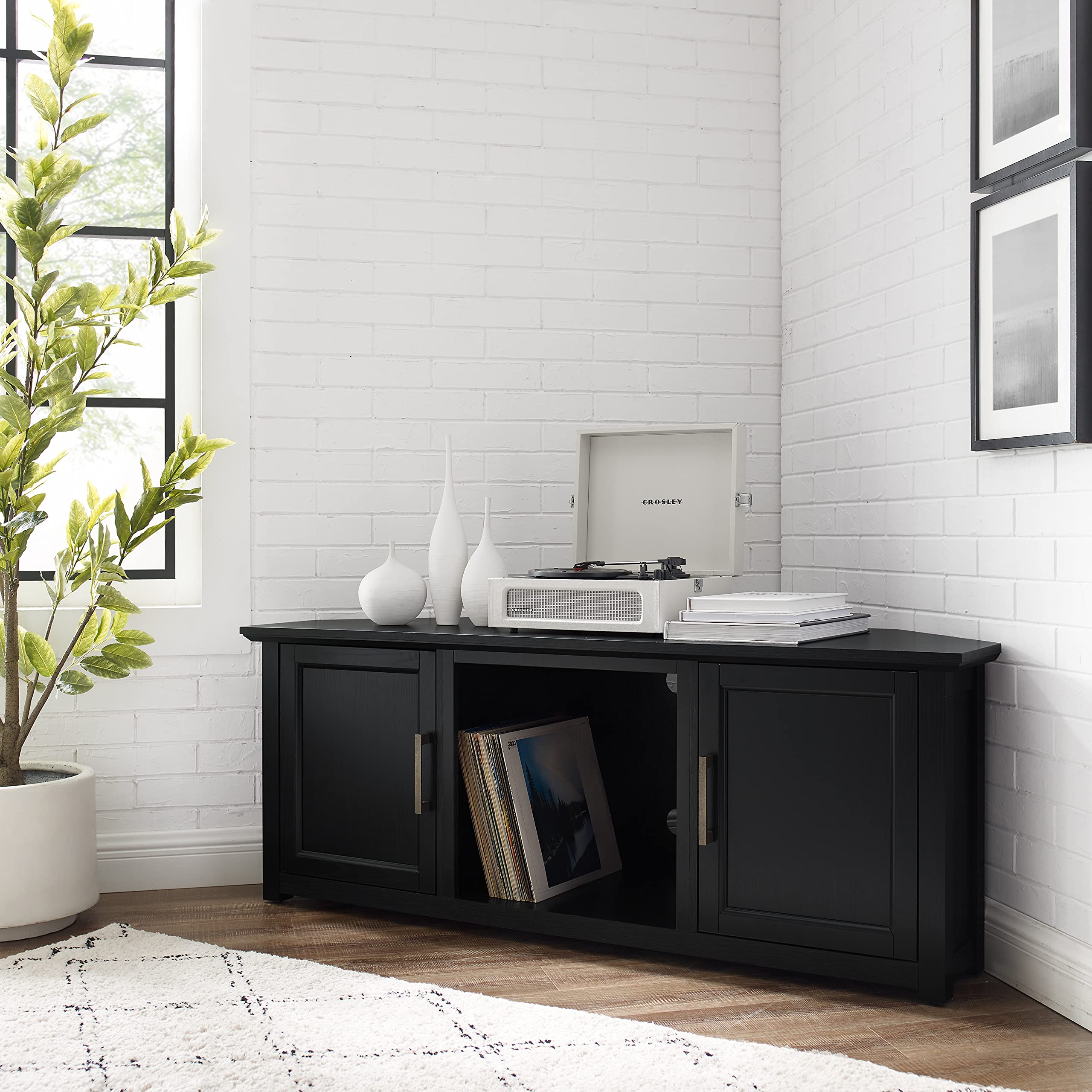 Crosley Camden Corner TV Stand for 65+ Inch TVs - Black Entertainment Center with Storage Shelves | Perfect for Living Room, Bedroom & Home Theater Setup