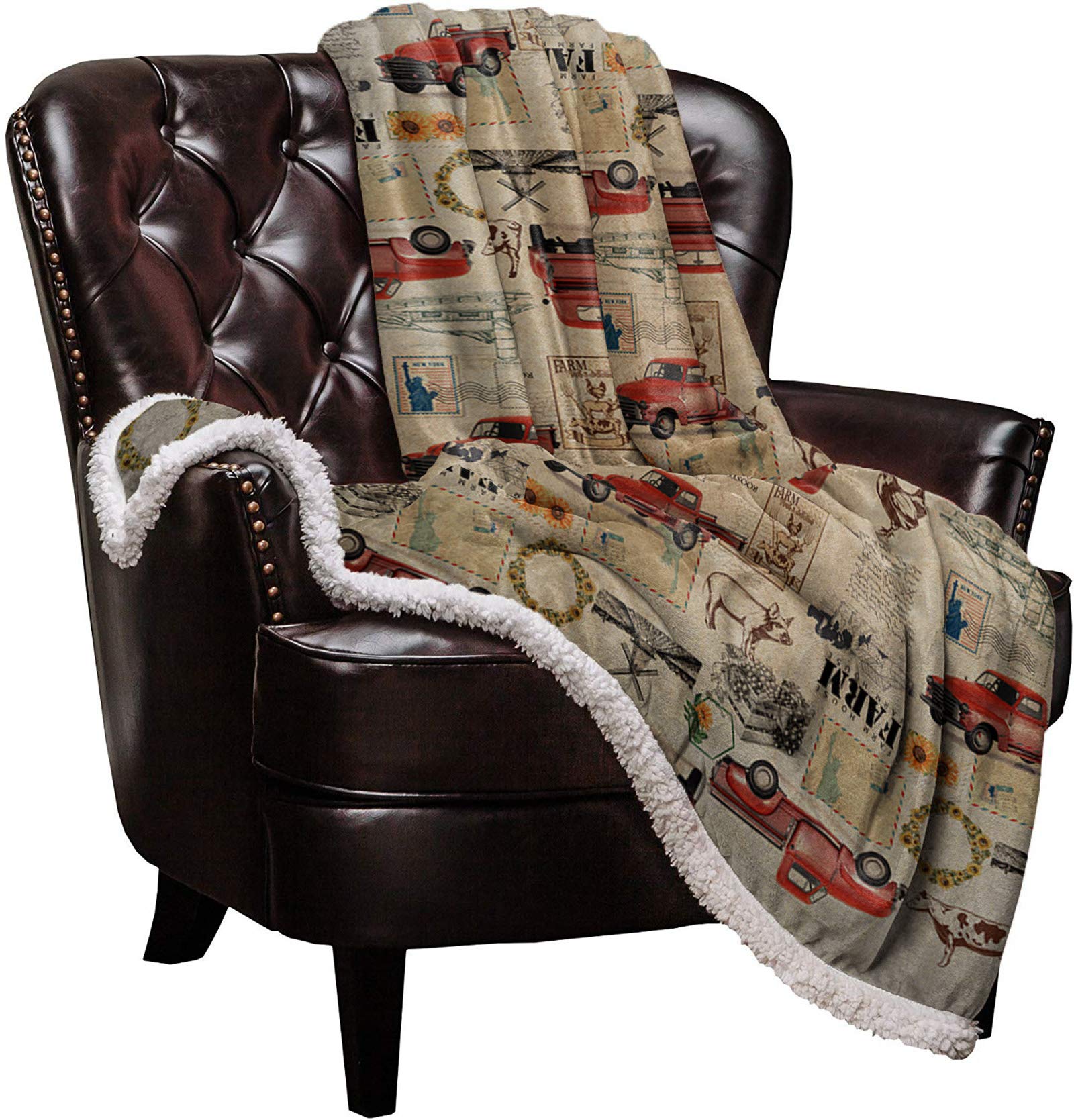 T&H XHome Sherpa Fleece Throw Blanket - Ultra Soft & Warm Reversible Microfiber Blanket (60x80 Inches) for Bed, Couch, Sofa - Farmhouse Truck & Cow Rooster Design - Perfect for Home Decor, Travel & All Seasons