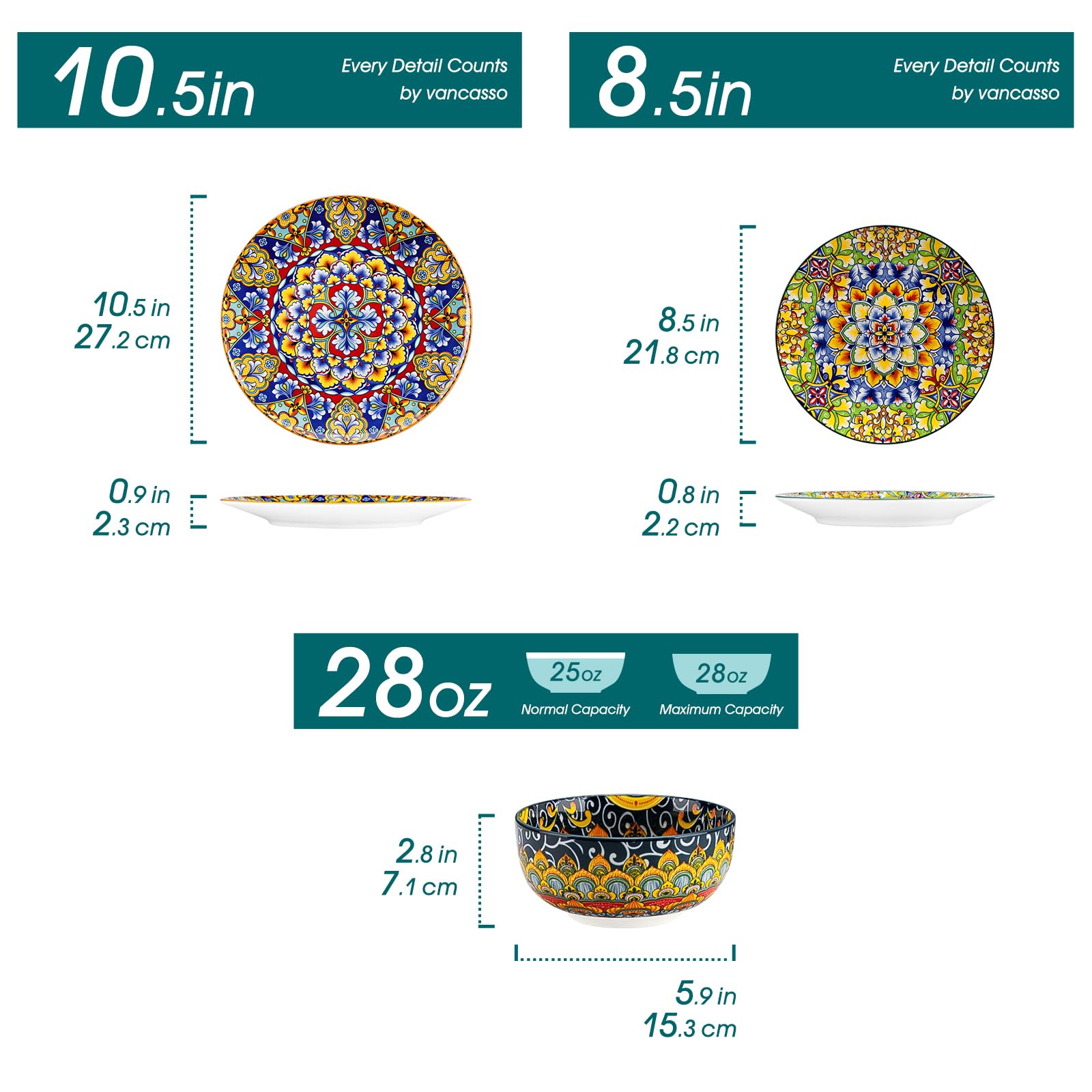 Vancasso 12-Piece Bohemian Style Dinnerware Set for 4 - Porcelain Plates & Bowls, Microwave & Dishwasher Safe, Scratch-Resistant - Perfect for Everyday Dining, Entertaining & Restaurant Use (Series SIMI)
