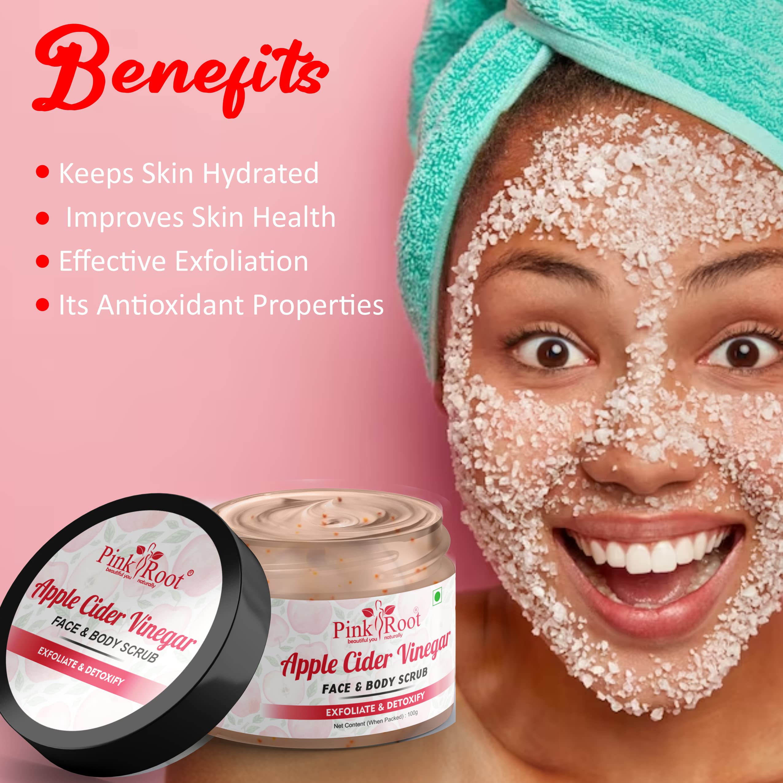 Organic Pink Himalayan Salt & Apple Cider Vinegar Face & Body Scrub - 100g Exfoliating Cleanser for Acne, Blackheads & Smooth Skin | Gentle Skincare for Daily Use & Spa Treatment