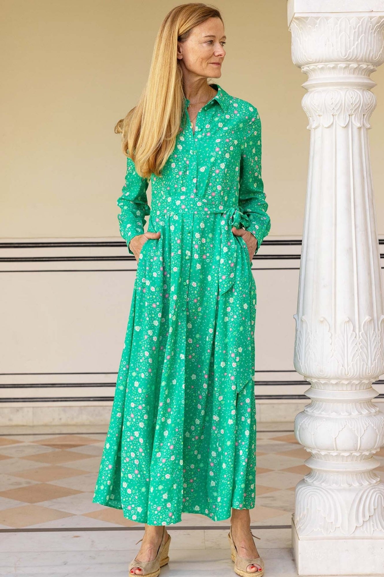 Eliza EcoVero™ Shirt Dress - Sustainable Patchwork Green Floral Print Women's Casual Dress | Perfect for Spring Outfits, Office Wear & Weekend Brunch