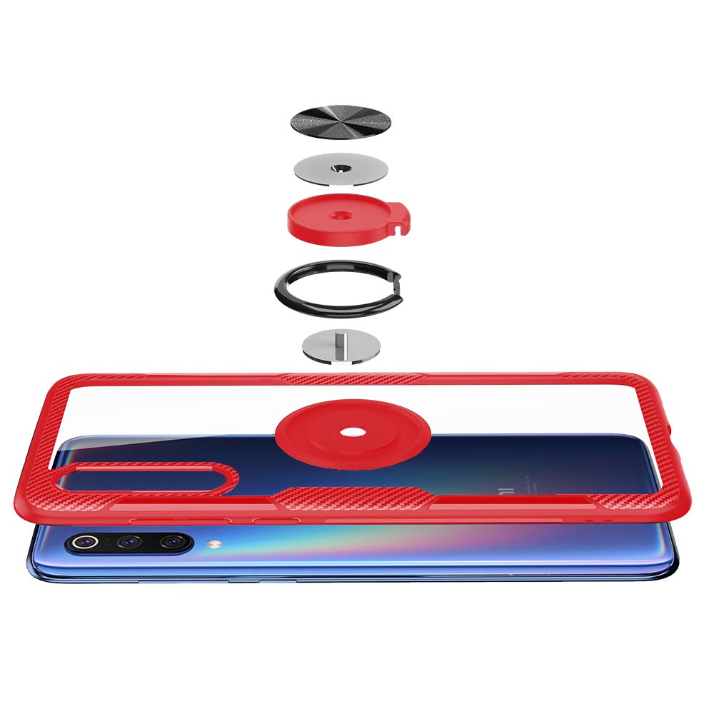 Xiaomi 9 Phone Case with Tempered Glass Screen Protector - Slim Hard Clear Cover & Magnetic Stand Ring Holder - Durable Protective Case for Xiaomi Mi 9 (Red) - Perfect for Work, Travel and Everyday Use