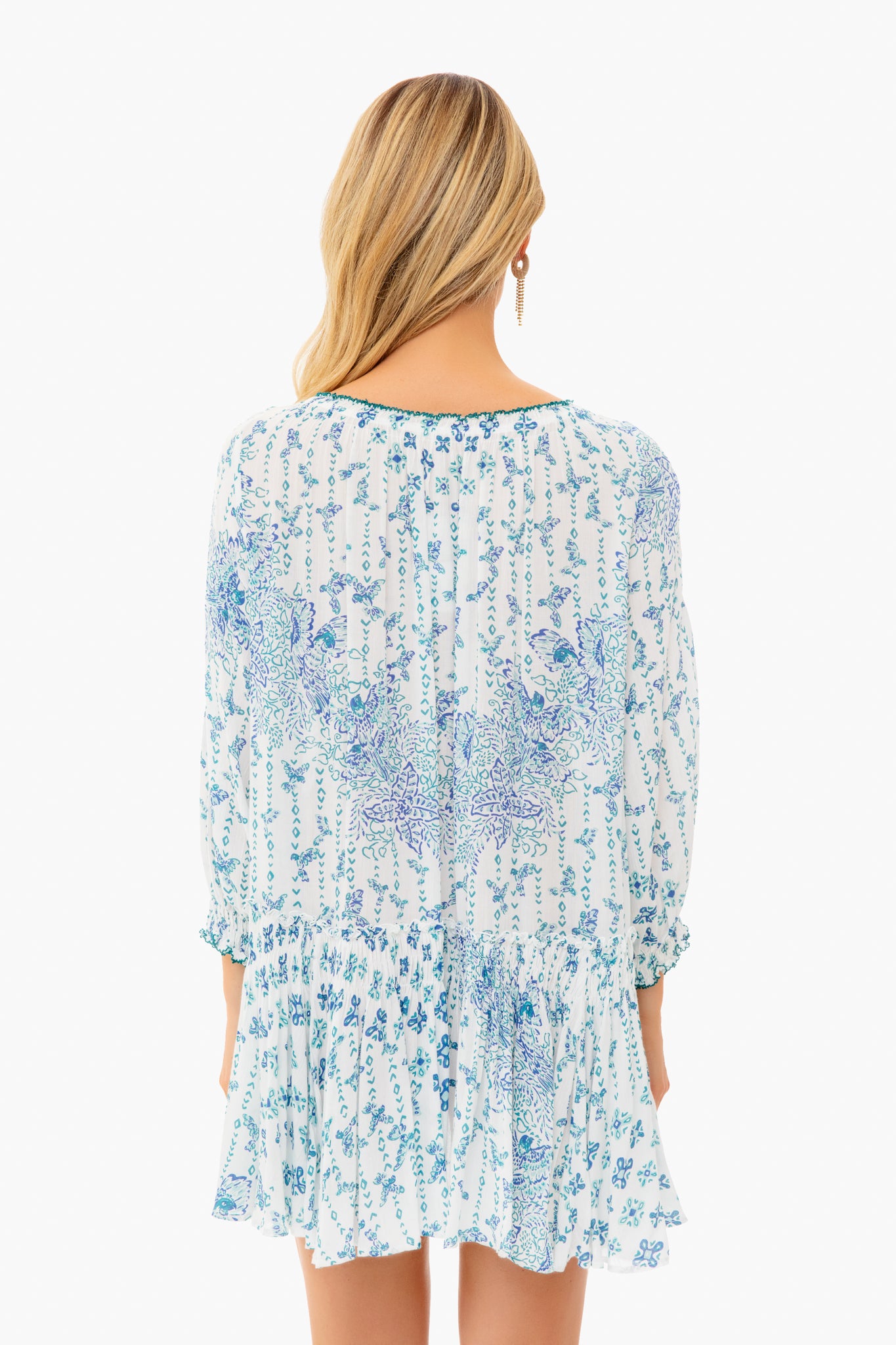 Blue Parrot Batik Tesorino Mini Dress - Floral Printed Sundress for Women, Summer Beach Vacation Outfit, Boho Chic Party Dress