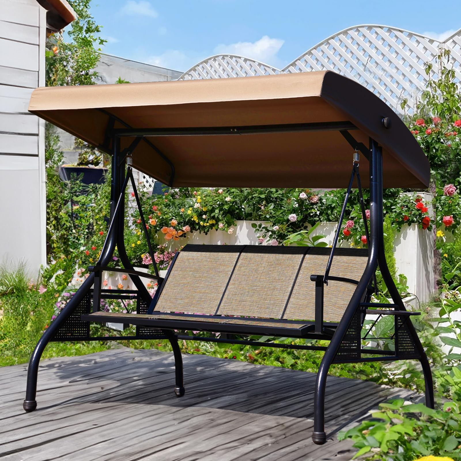 NOBLEMOOD 3-Seater Outdoor Patio Swing with Adjustable Canopy & Stand - Waterproof Textilene Hanging Chair with Cup Holders for Backyard, Garden, Porch - Perfect for Relaxing, Lounging & Outdoor Entertaining