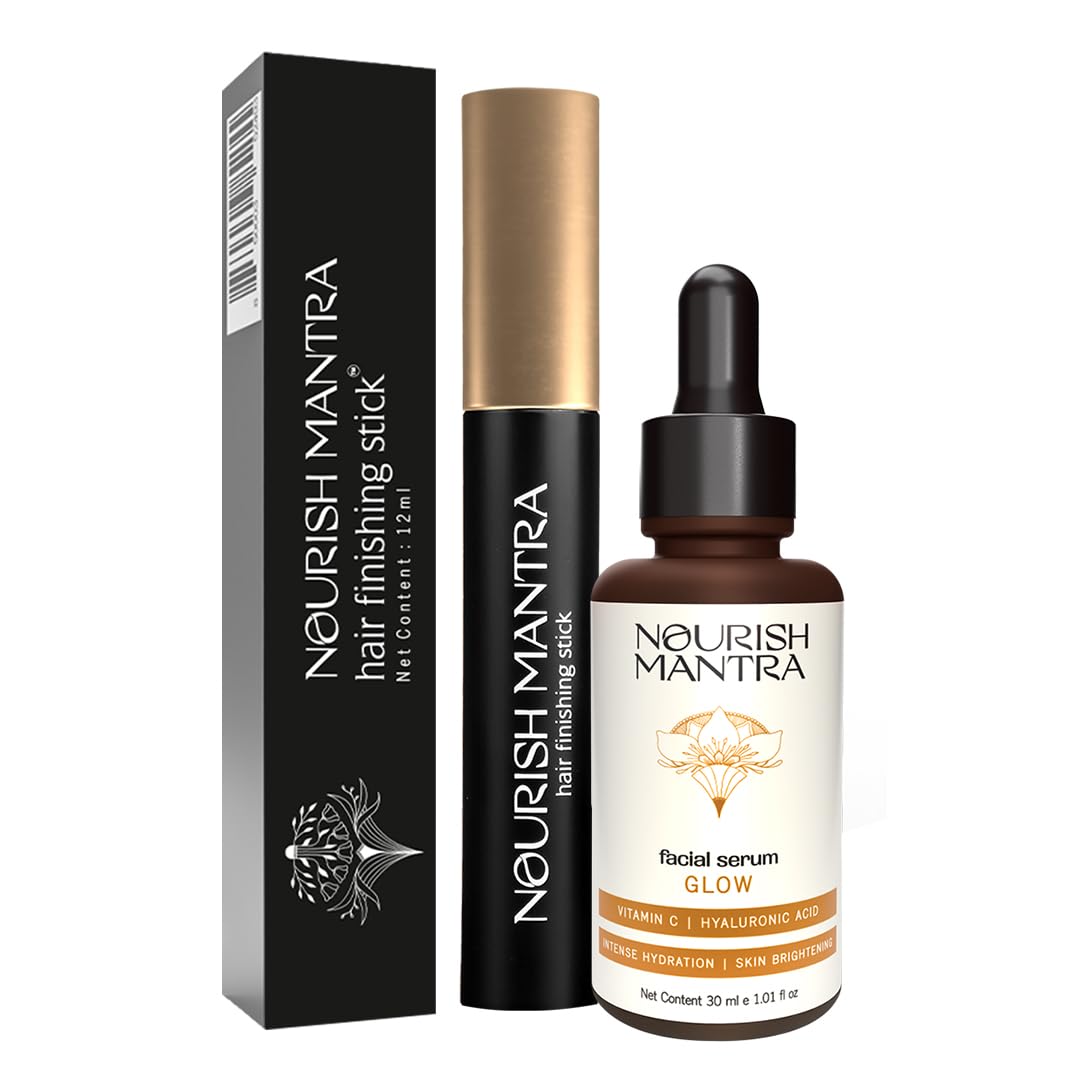 Nourish Mantra Hair Finishing Stick & Glow Serum - Tames Frizz & Perfects Hairstyles with Hyaluronic Acid, Kakadu Plum & Ascorbic Acid - Face Serum for Radiant Skin - Ideal for Daily Styling & Skincare Routine