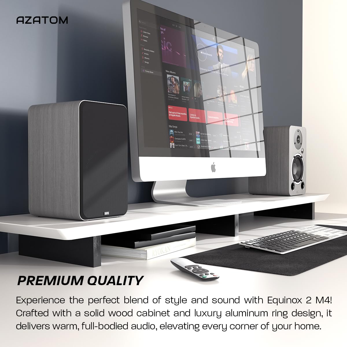 AZATOM Equinox 2 M4 Powered Bookshelf Speakers - 2.0 Active Bluetooth/Wired HiFi Audio System with 80W Output, Wooden Enclosure (Grey) - Perfect for Home Theater, Gaming, Vinyl Records, Music Streaming, PC & Laptop Sound Enhancement