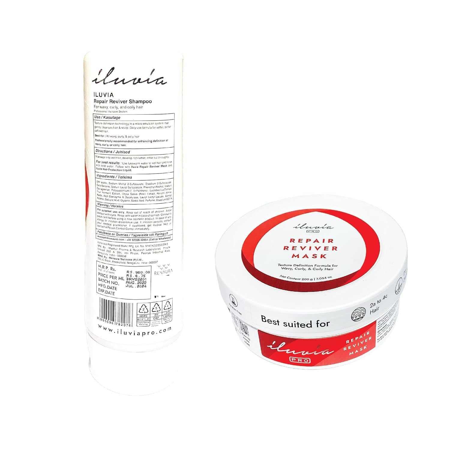Ilu'via Curly & Wavy Hair Repair Reviver Shampoo & Conditioner Set - 14.3 fl oz | Sulfate-Free & Hydrating for Damaged Hair | Perfect for Daily Use & Salon-Quality Results