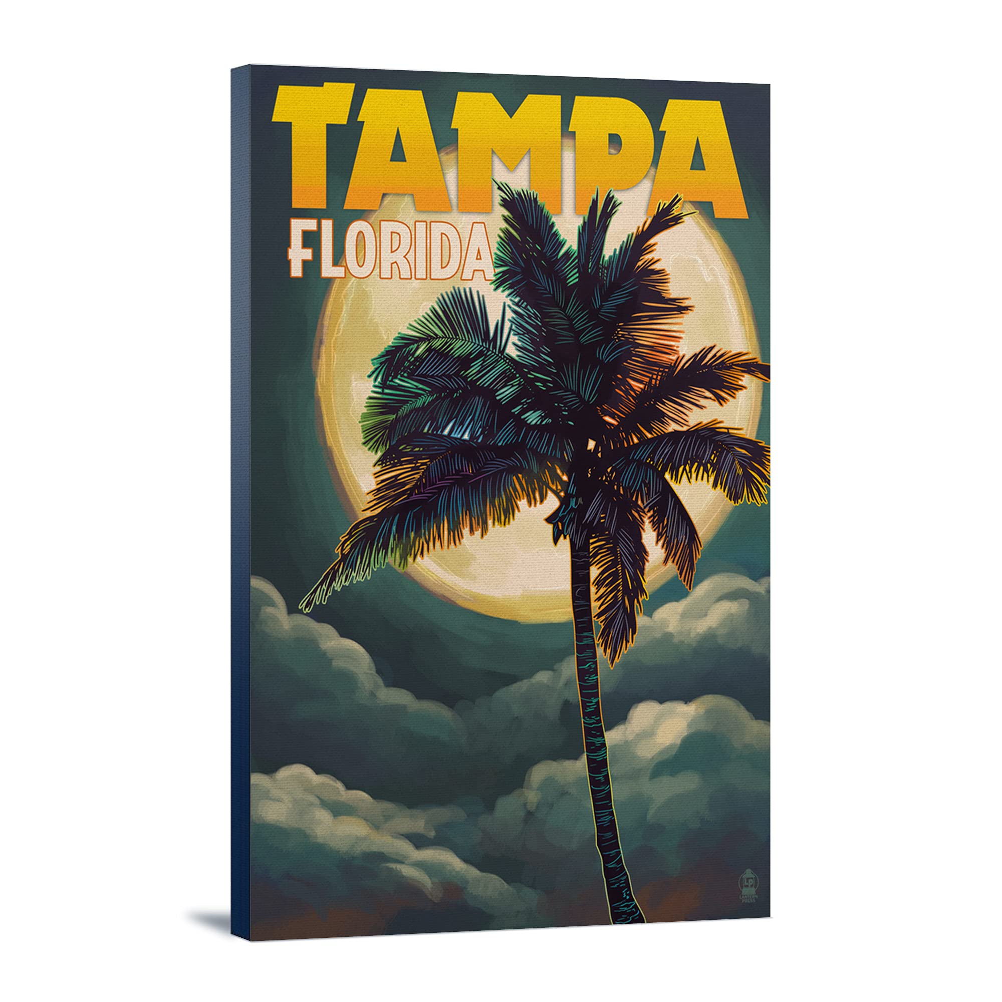 Lantern Press Tampa Florida Palms and Moon Wall Art - 16x24 Wrapped Canvas Print - Tropical Beach Decor for Living Room, Bedroom & Office