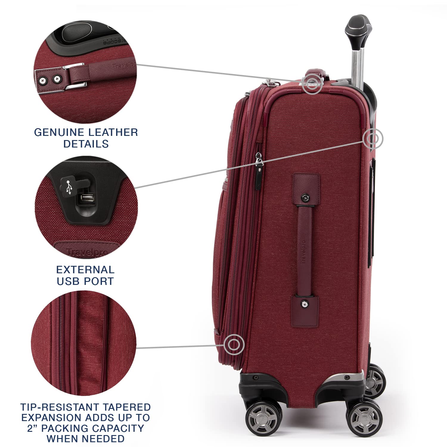 Travelpro Platinum Elite Expandable 21-Inch Carry-On Luggage with 8 Spinner Wheels, USB Charging Port & Suiter - Lightweight Softside Spinner Suitcase for Men & Women (Bordeaux Red) - Perfect for Business Travel & Weekend Getaways