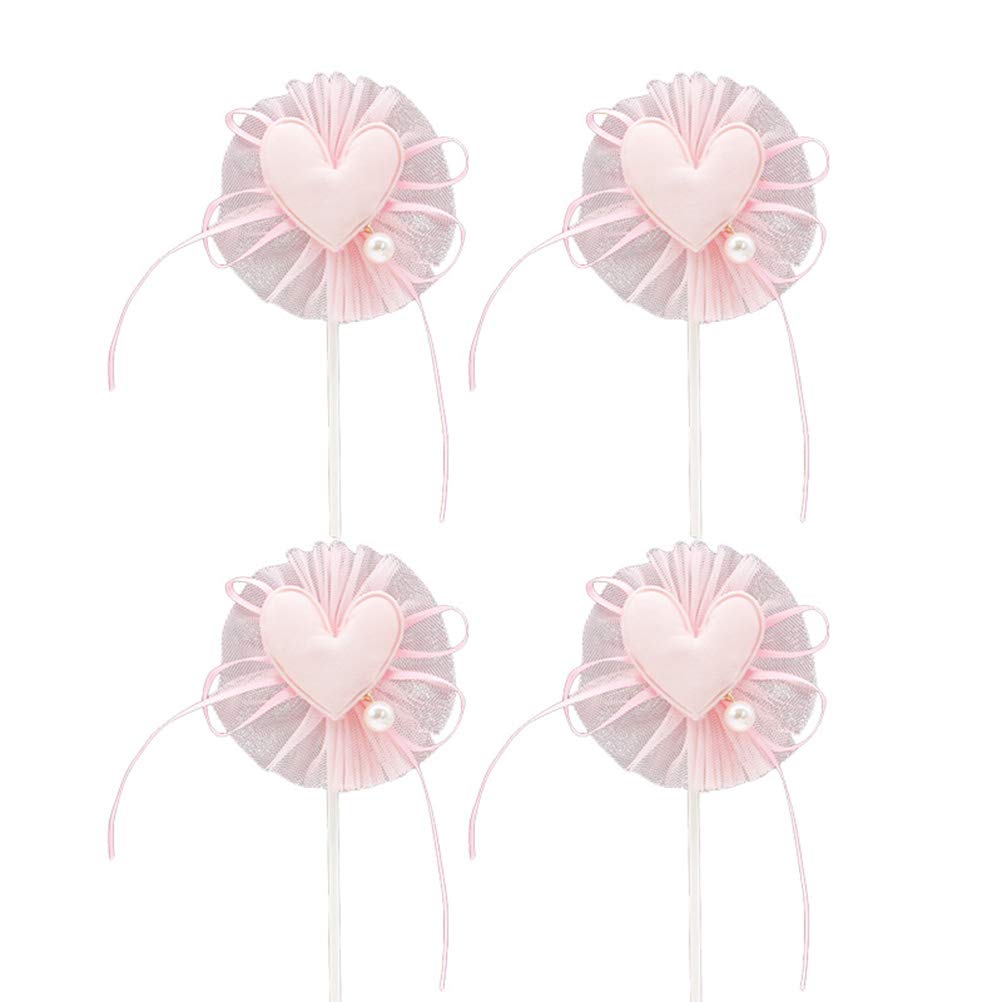 INOOMP 4-Piece Love Shaped Cake Topper Set - Gauze Wedding Cake Decorations for Valentine's Day, Birthdays & Anniversary Parties (Pink) | Elegant Cake Picks for Romantic Celebrations & Special Occasions