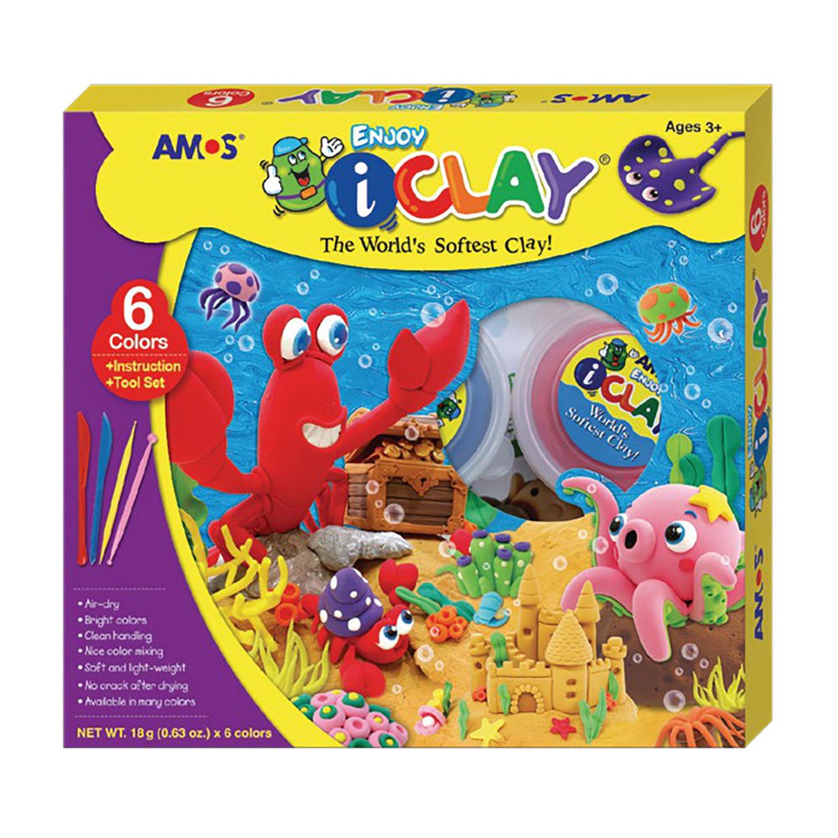 Amos i Clay Modeling Kit - 18g x 6 Colors Non-Toxic Air Dry Clay with 6 Modeling Tools for Kids & Adults - Perfect for DIY Crafts, School Projects & Art Therapy