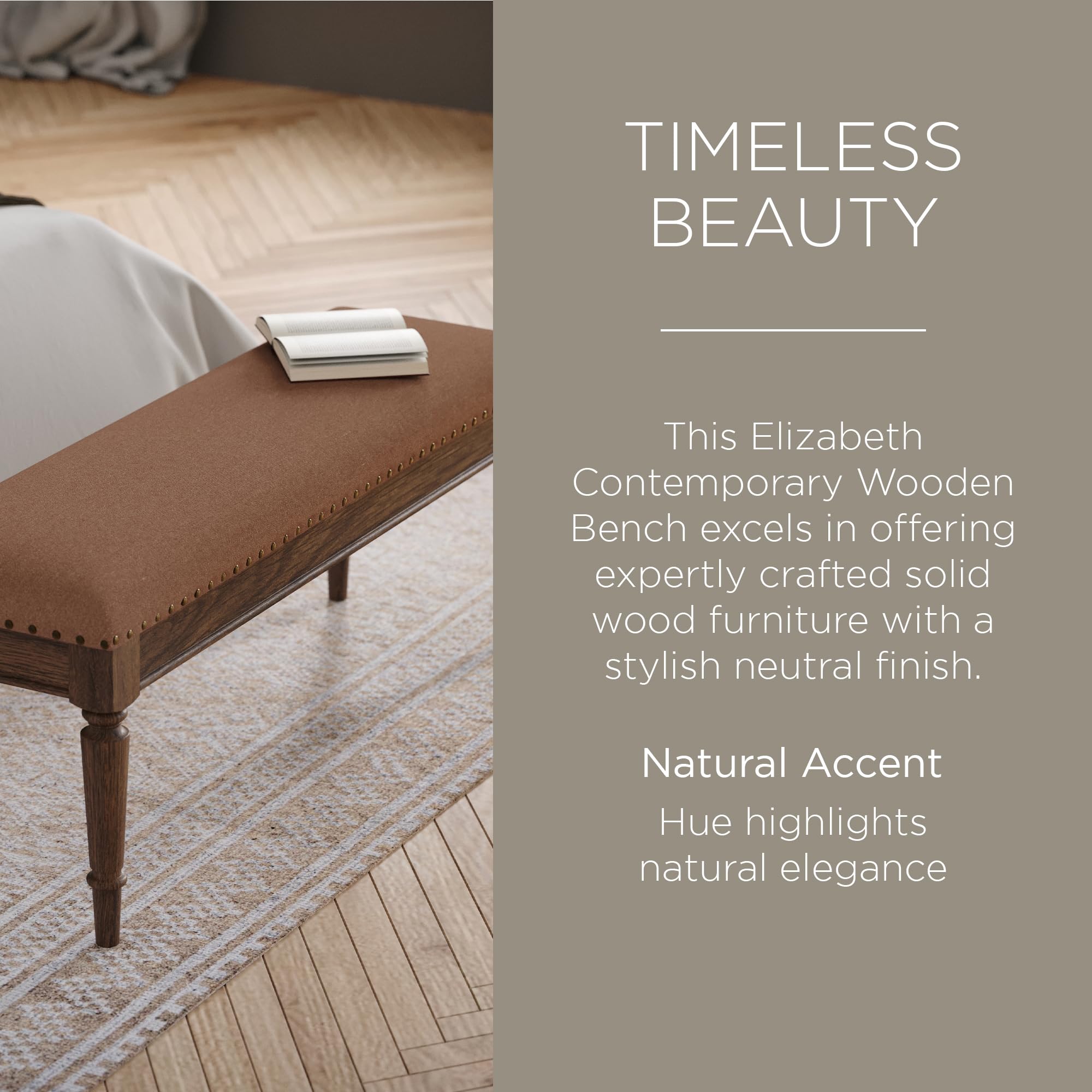 Elizabeth Traditional Wooden Upholstered Bench with Padded Seat - Antique Brown Finish for Kitchen, Dining Room, Entryway & Bedroom | Stylish Home Decor & Functional Seating Solution
