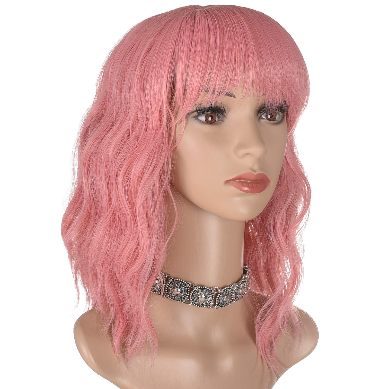 Morvally 16 Inch Short Pink Wavy Bob Wig with Bangs for Women - Natural Synthetic Hair Wavy Wig for Cosplay, Halloween, Costume Parties & Daily Fashion