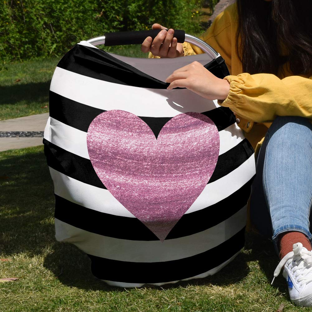 Breastfeeding Cover Scarf - Stretchy Soft & Breathable Nursing Poncho for Baby, Kids Car Seat & Stroller Cover - Heart Pink & Striped White Black Design - Perfect for Nursing Privacy, Travel & Outdoor Use