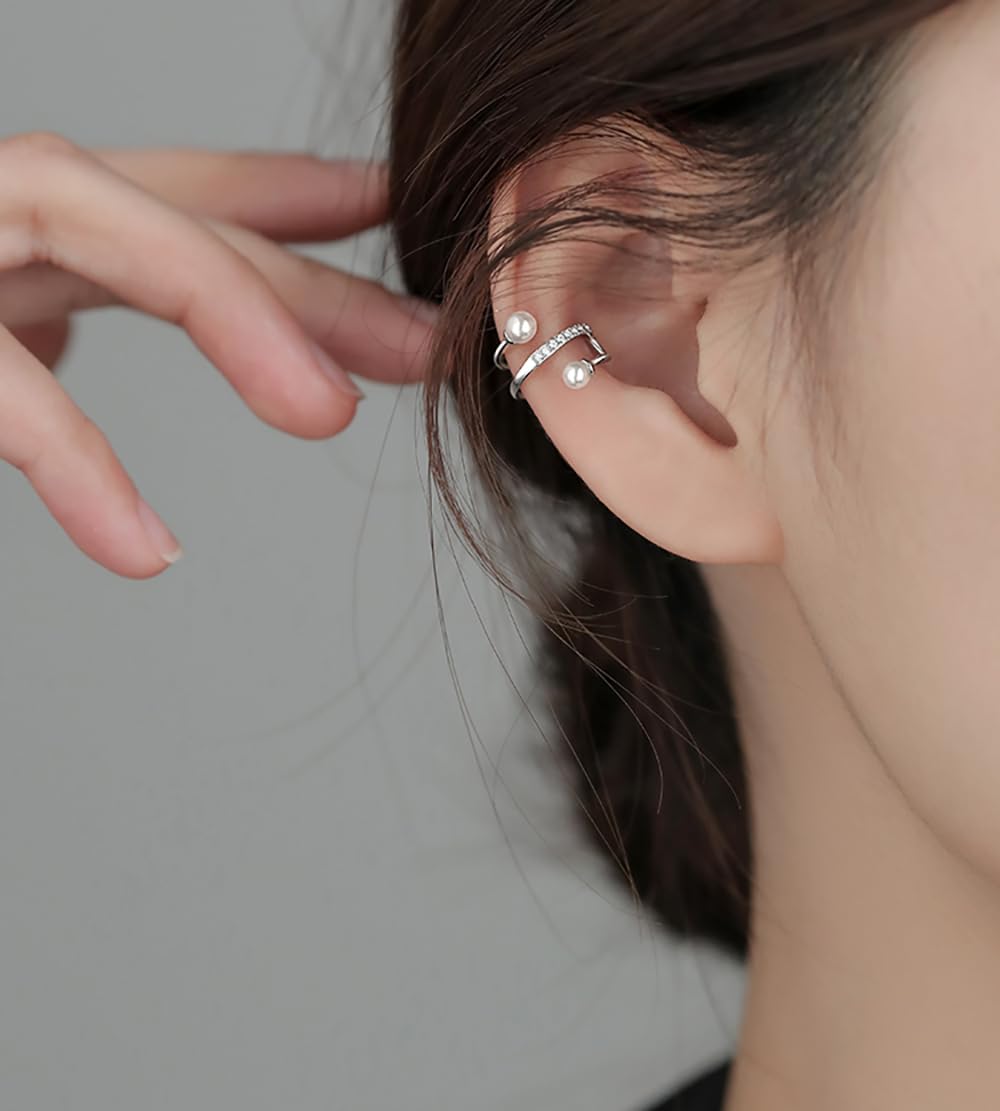 Reffeer Solid 925 Sterling Silver Pearl Ear Cuffs for Women - Non Piercing Clip On Cartilage Earrings with CZ Wrap Design | Perfect for Parties, Weddings & Everyday Wear
