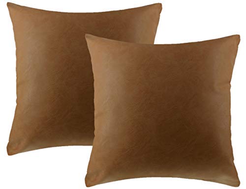 Set of 2 18x18 Inch Faux Leather Pillow Covers - Light Tan Caramel Brown Decorative Throw Pillows for Couch, Sofa & Bed - Perfect for Living Room, Bedroom & Home Decor Accents